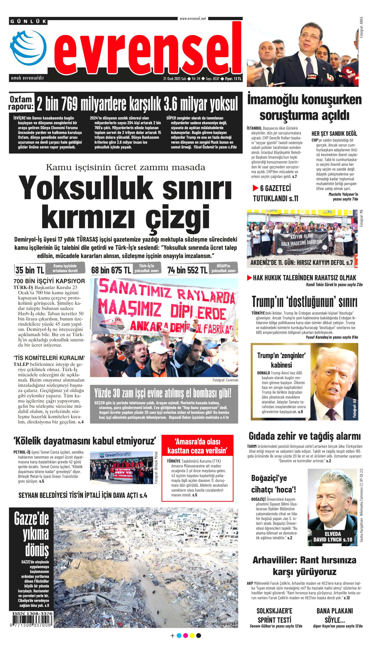 EVRENSEL gazetesinin 21 Ocak 2025 tarihli birinci sayfası