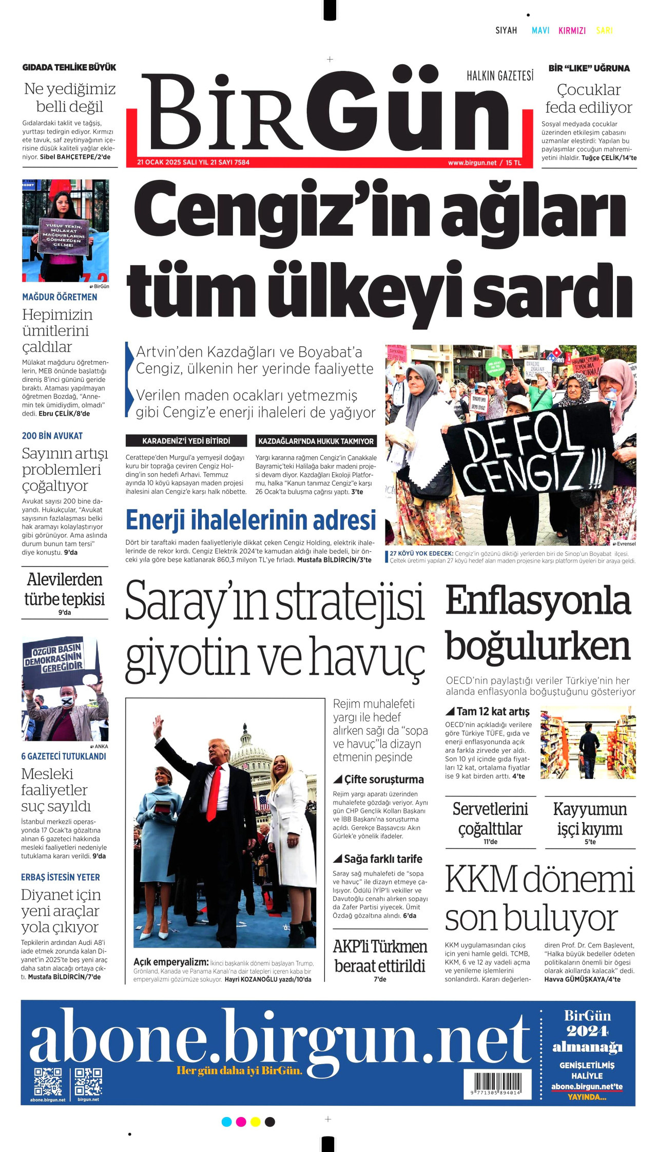 BİRGÜN gazetesinin 21 Ocak 2025 tarihli birinci sayfası