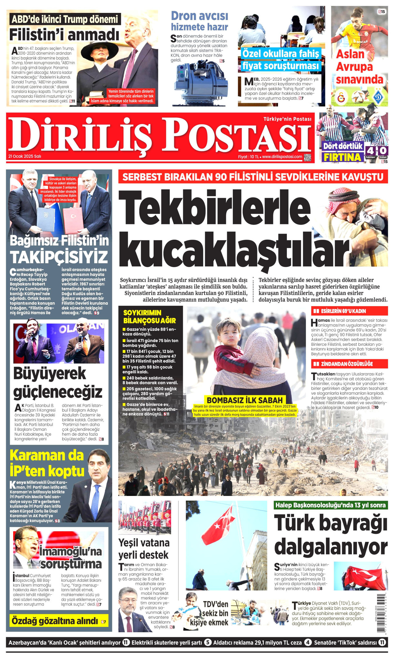 DİRİLİŞ POSTASI gazetesinin 21 Ocak 2025 tarihli birinci sayfası