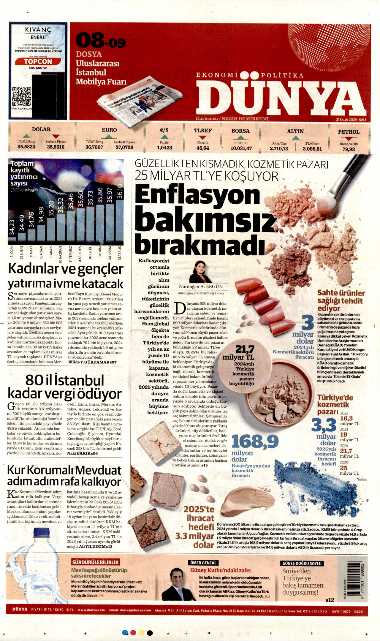 DÜNYA gazetesinin 21 Ocak 2025 tarihli birinci sayfası