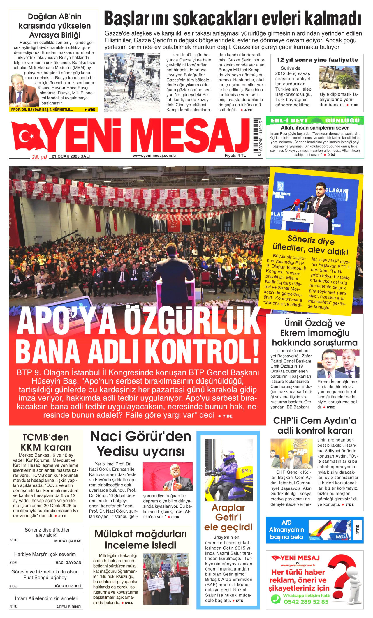 YENİ MESAJ gazetesinin 21 Ocak 2025 tarihli birinci sayfası