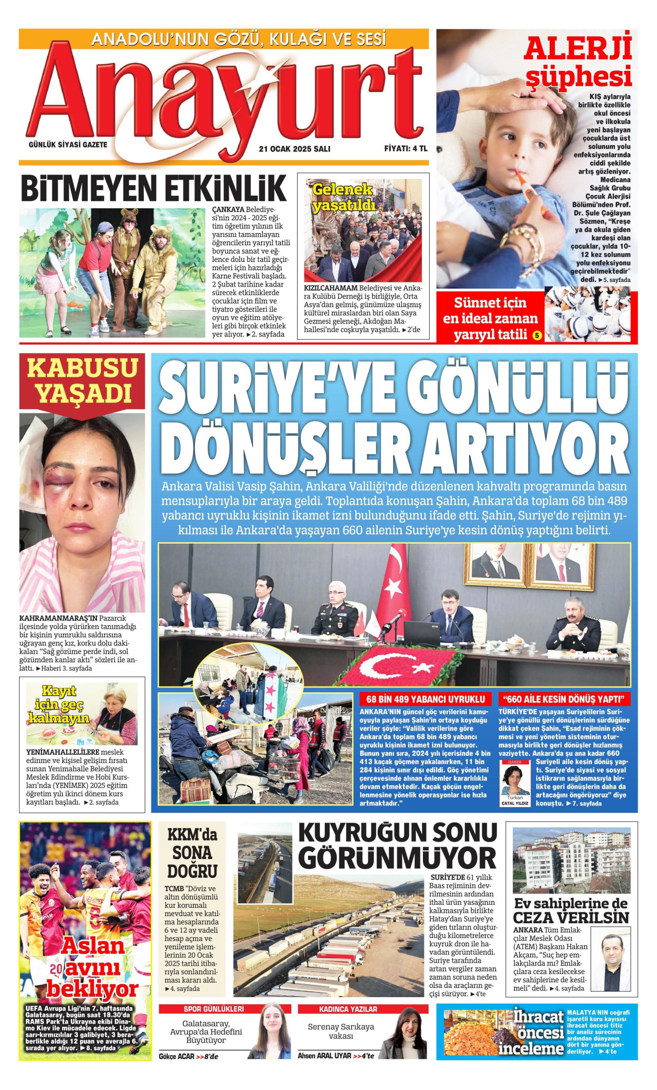 ANAYURT gazetesinin 21 Ocak 2025 tarihli birinci sayfası