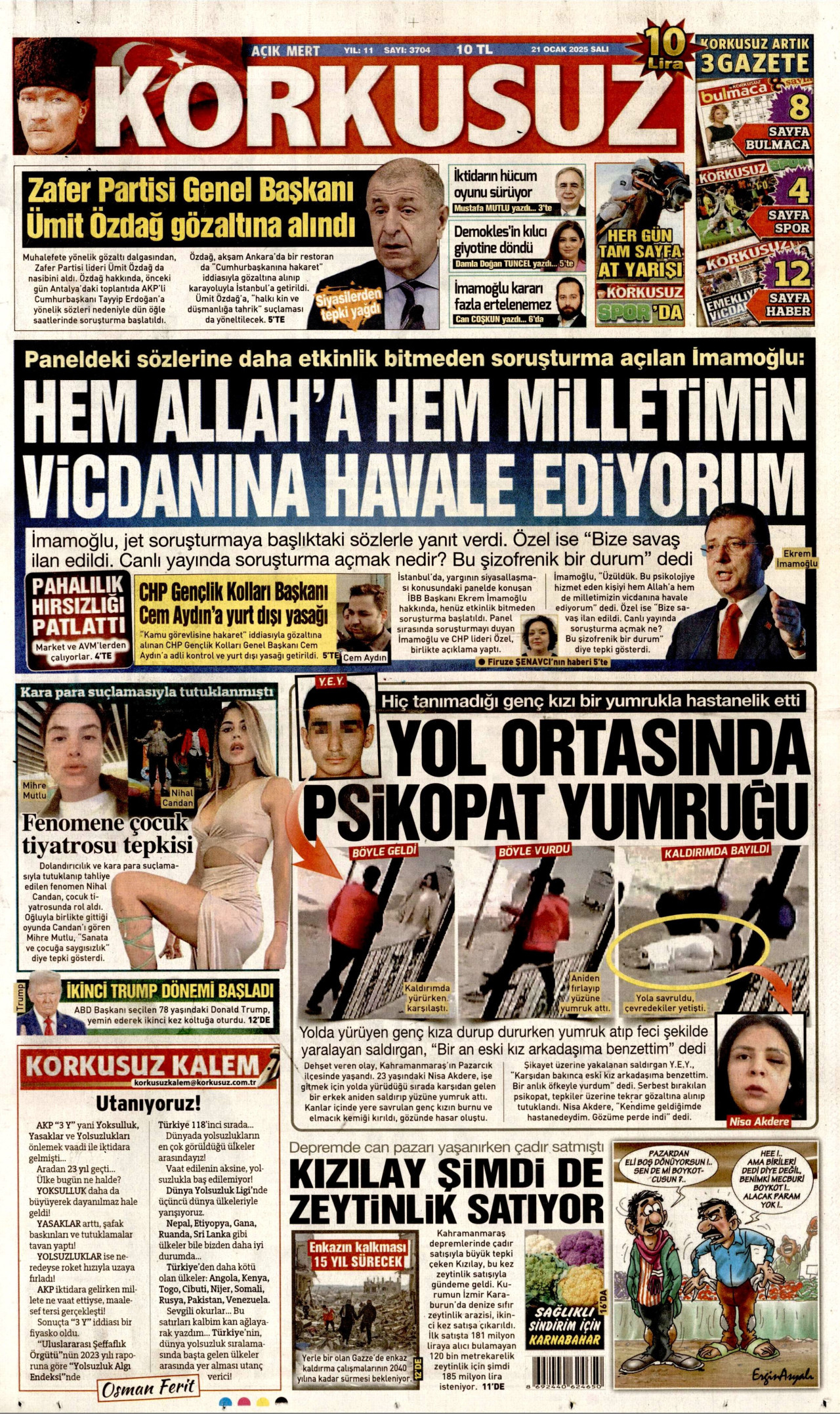 KORKUSUZ gazetesinin 21 Ocak 2025 tarihli birinci sayfası
