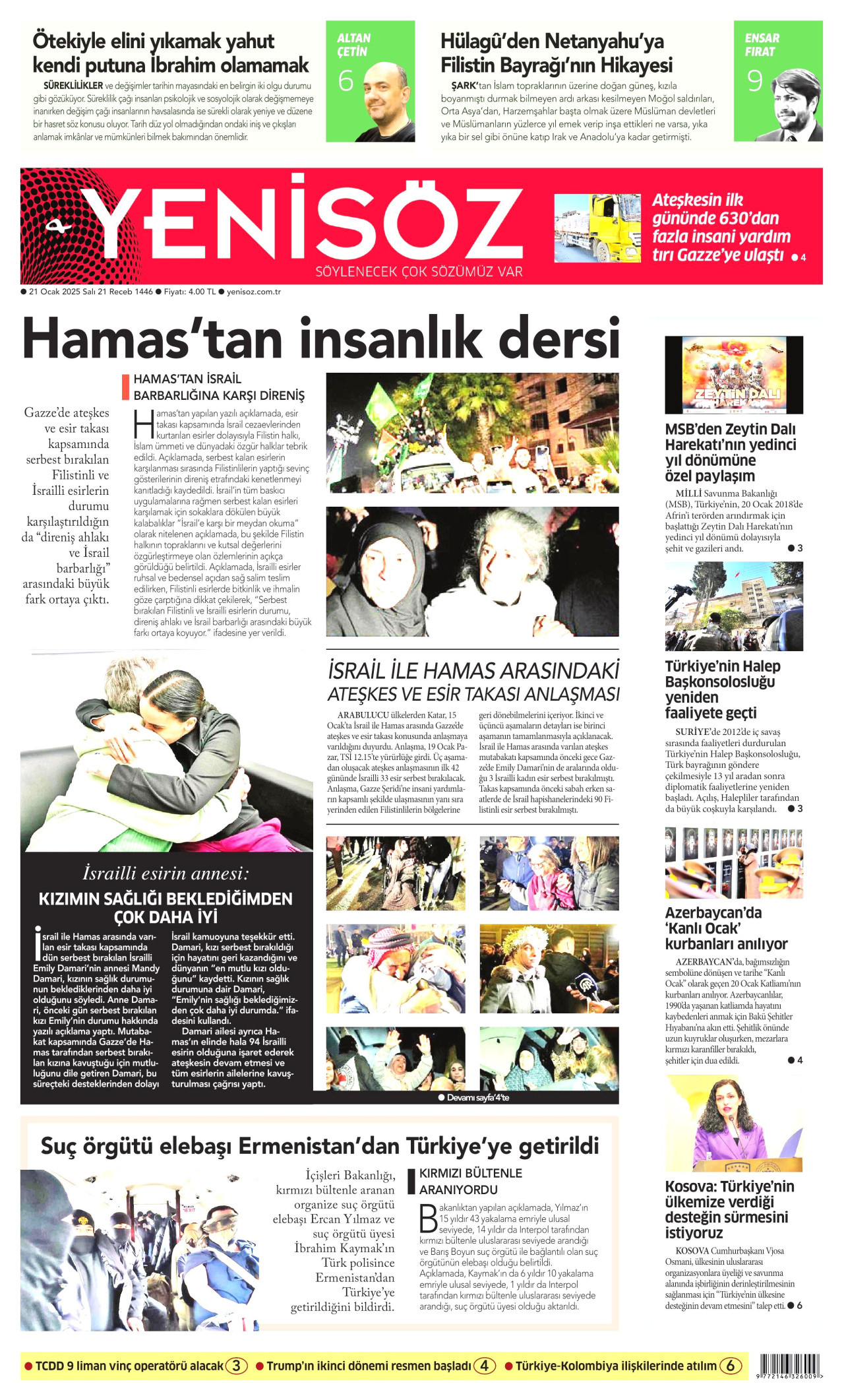 YENİ SÖZ GAZETESİ gazetesinin 21 Ocak 2025 tarihli birinci sayfası