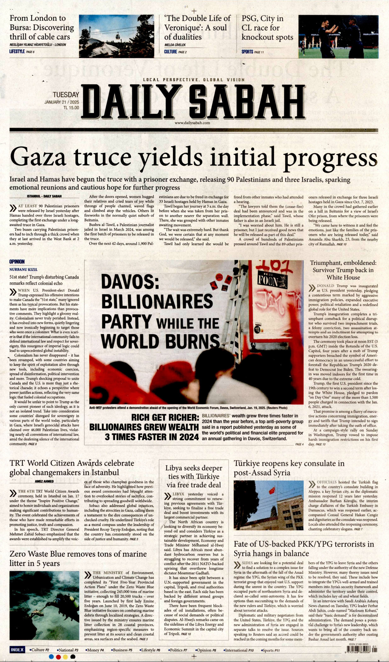 DAİLY SABAH gazetesinin 21 Ocak 2025 tarihli birinci sayfası