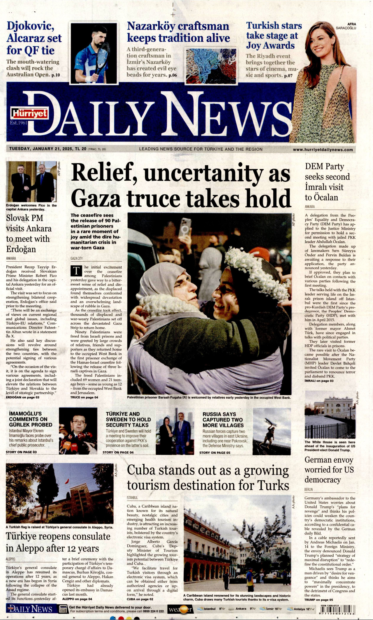 HÜRRİYET DAİLY NEWS gazetesinin 21 Ocak 2025 tarihli birinci sayfası