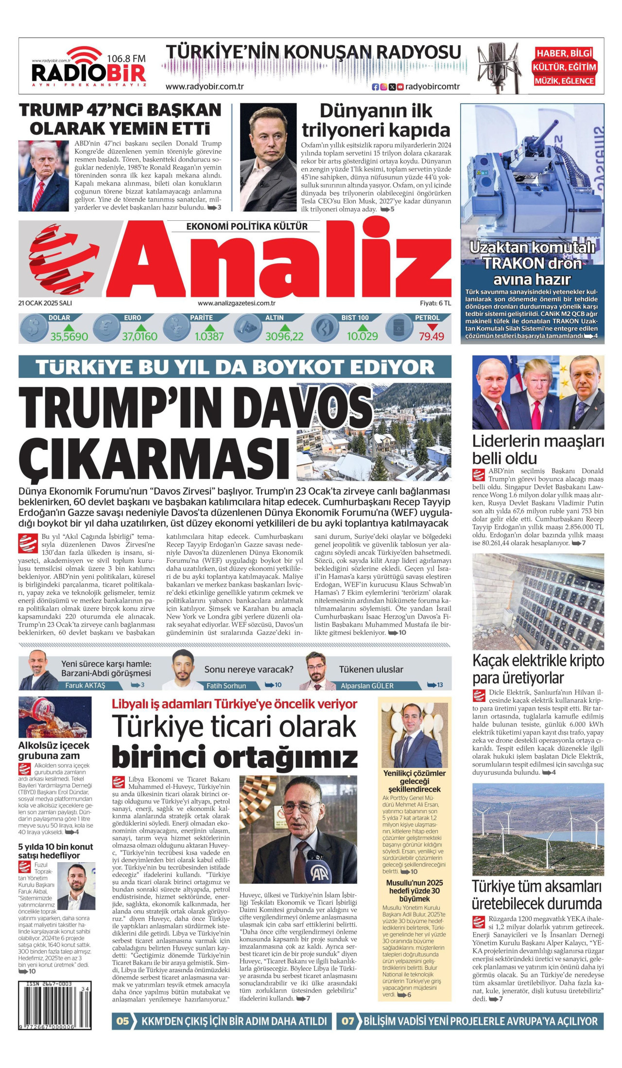 ANALİZ gazetesinin 21 Ocak 2025 tarihli birinci sayfası
