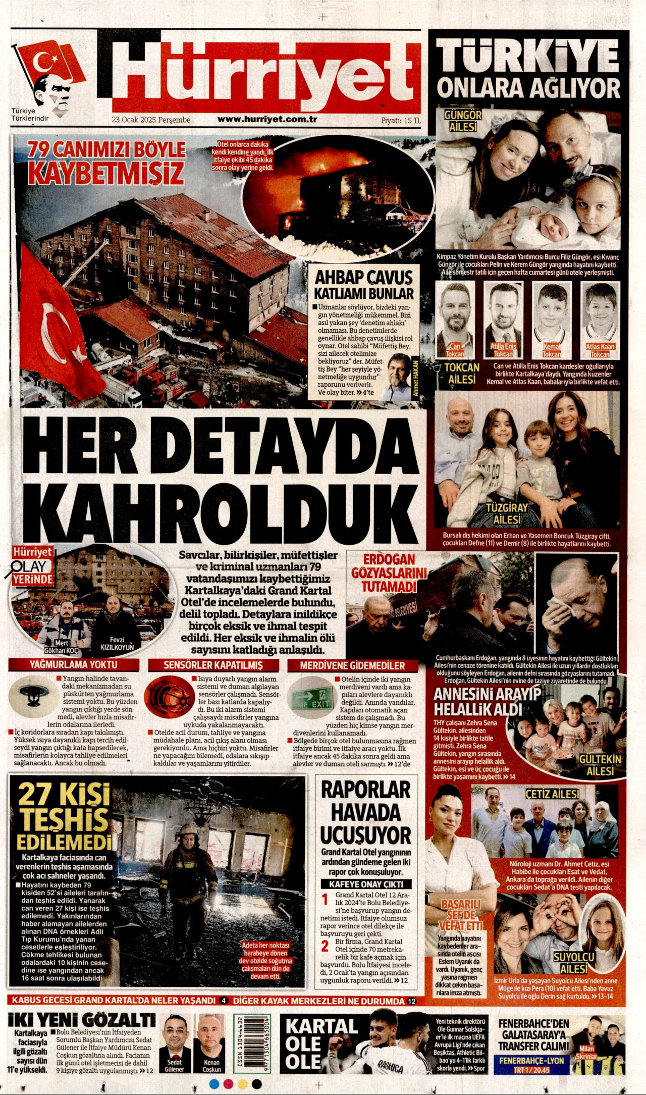 HÜRRİYET gazetesinin 23 Ocak 2025 tarihli birinci sayfası