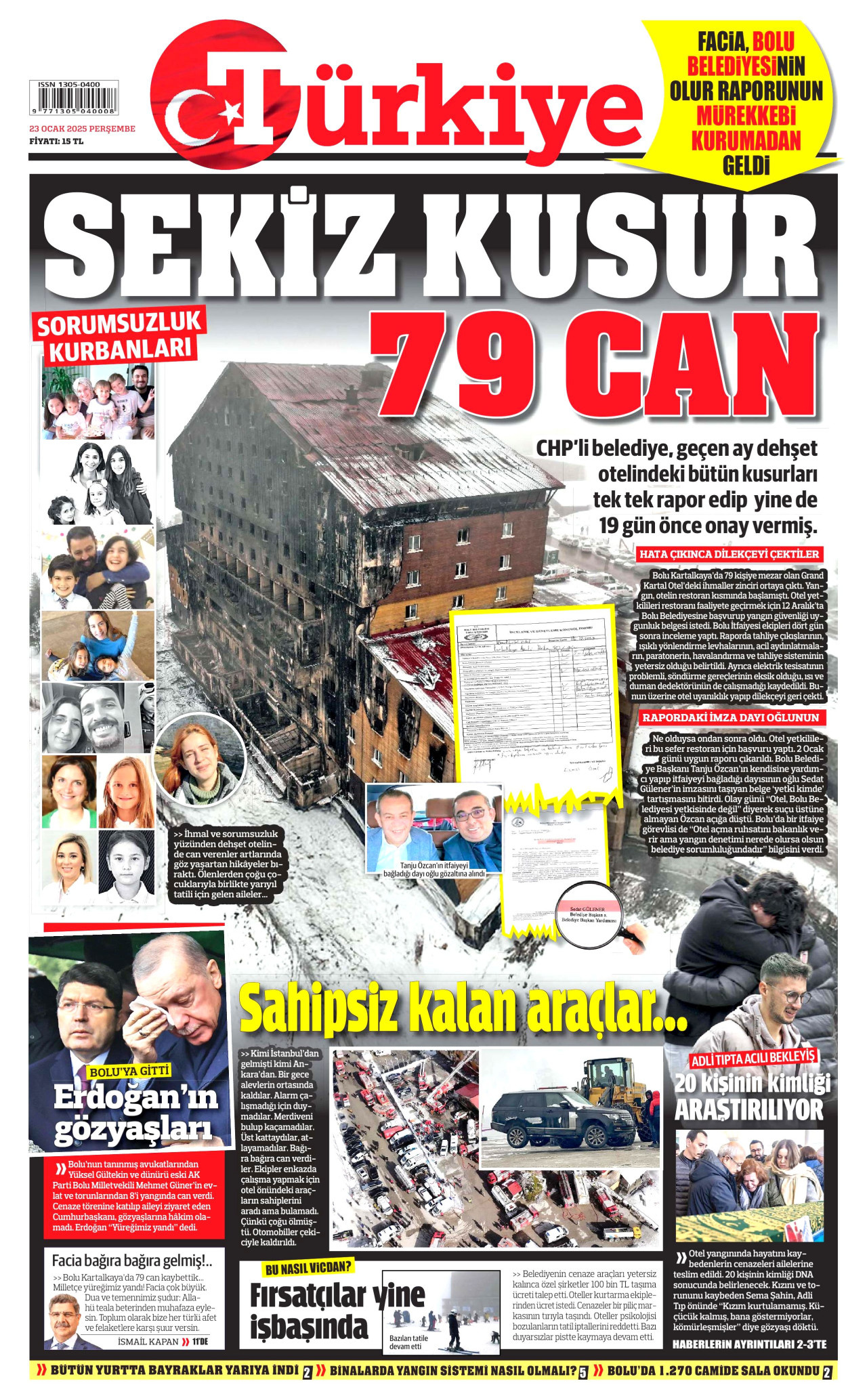 TÜRKİYE GAZETESİ gazetesinin 23 Ocak 2025 tarihli birinci sayfası