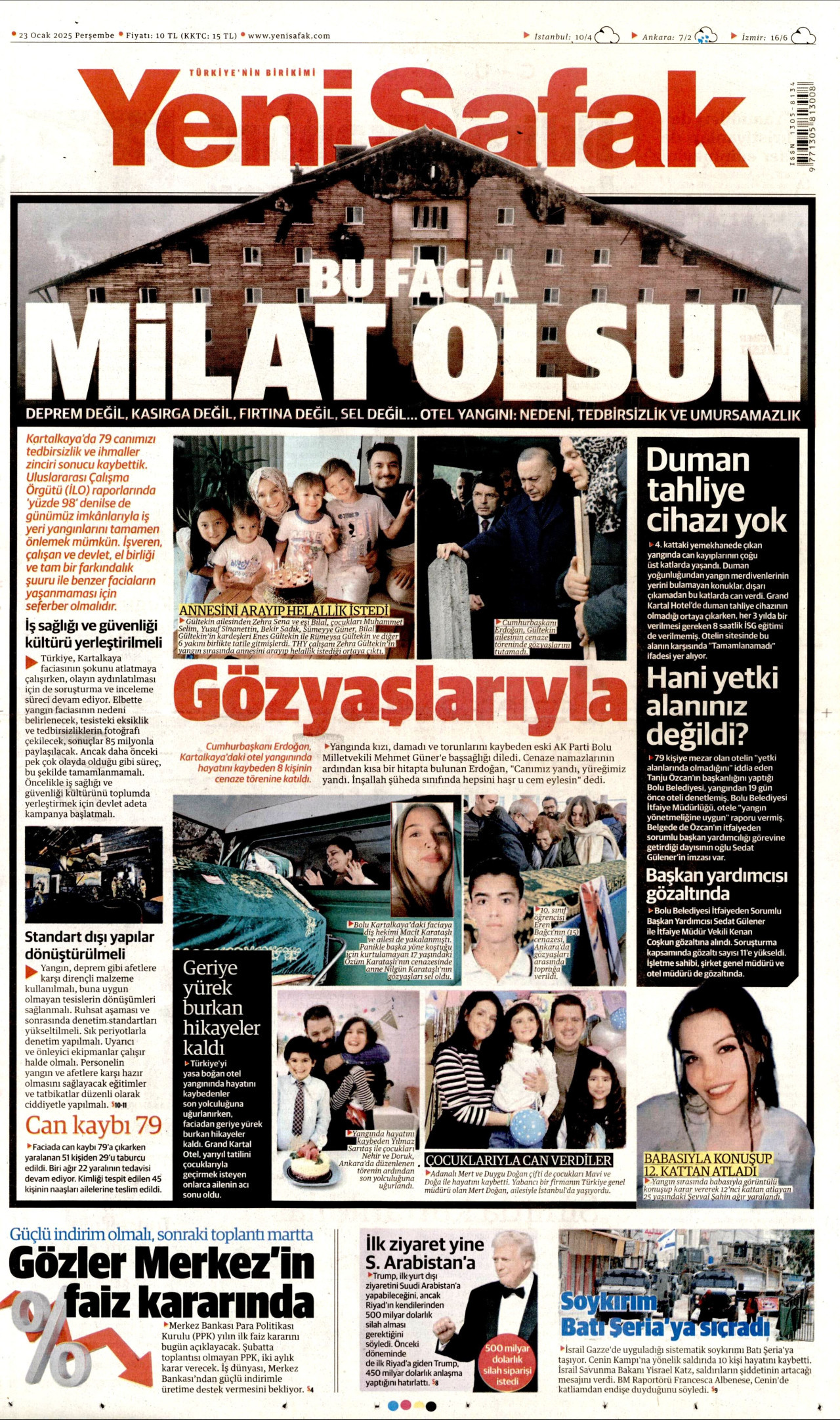 YENİ ŞAFAK gazetesinin 23 Ocak 2025 tarihli birinci sayfası