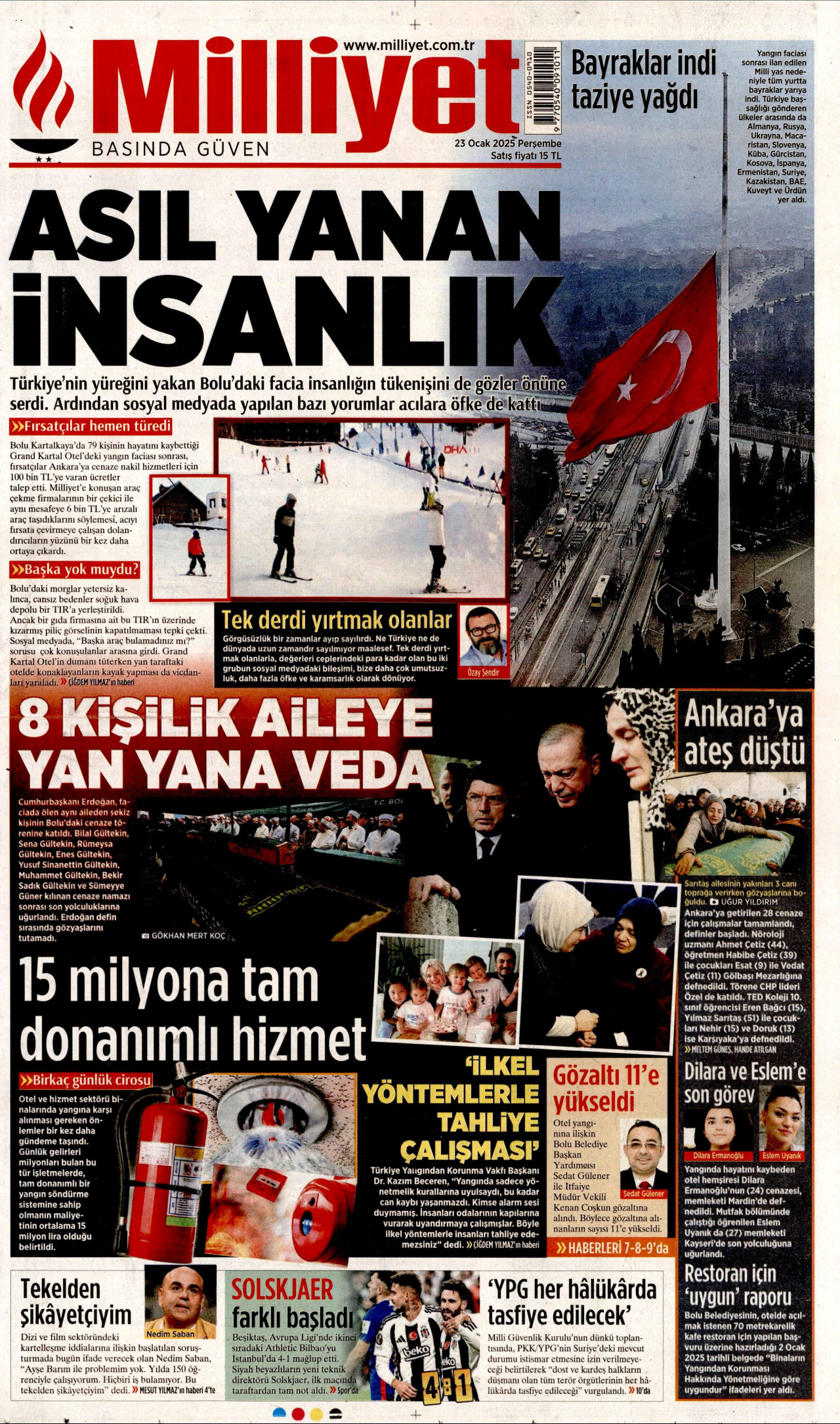 MİLLİYET gazetesinin 23 Ocak 2025 tarihli birinci sayfası