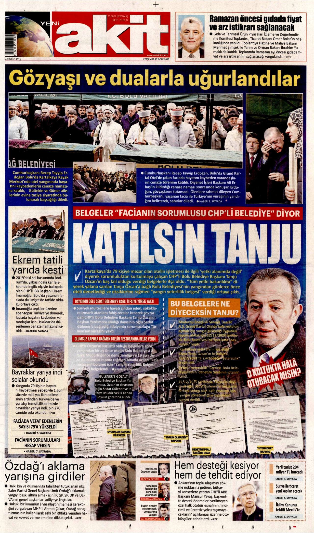 YENİ AKİT gazetesinin 23 Ocak 2025 tarihli birinci sayfası