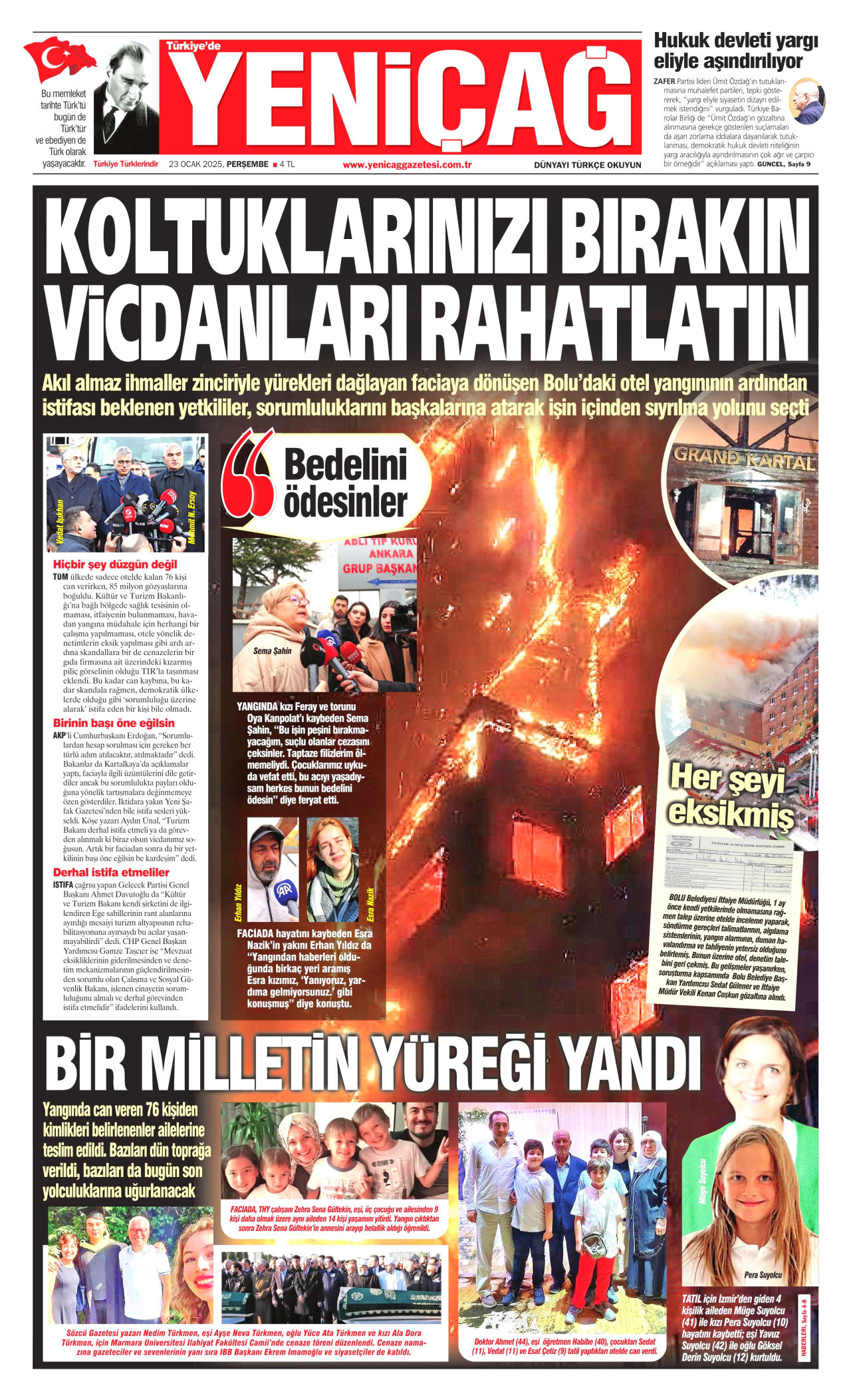 YENİÇAĞ gazetesinin 23 Ocak 2025 tarihli birinci sayfası
