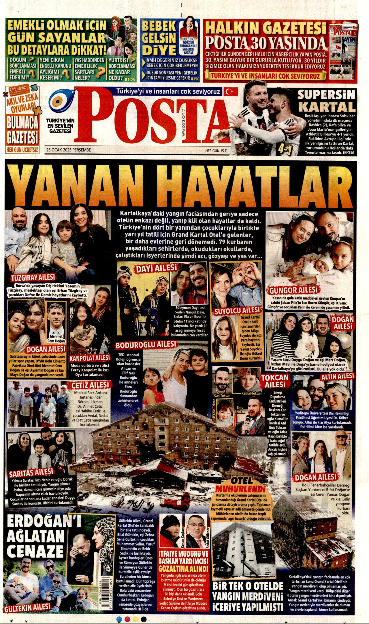 POSTA gazetesinin 23 Ocak 2025 tarihli birinci sayfası