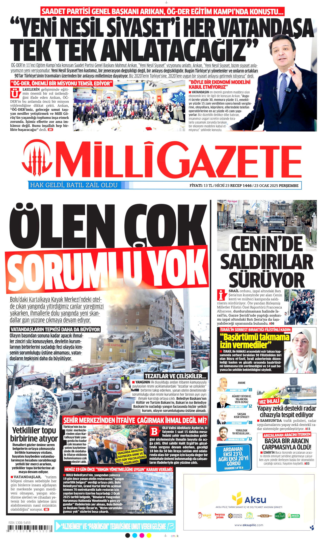 MİLLİ GAZETE gazetesinin 23 Ocak 2025 tarihli birinci sayfası