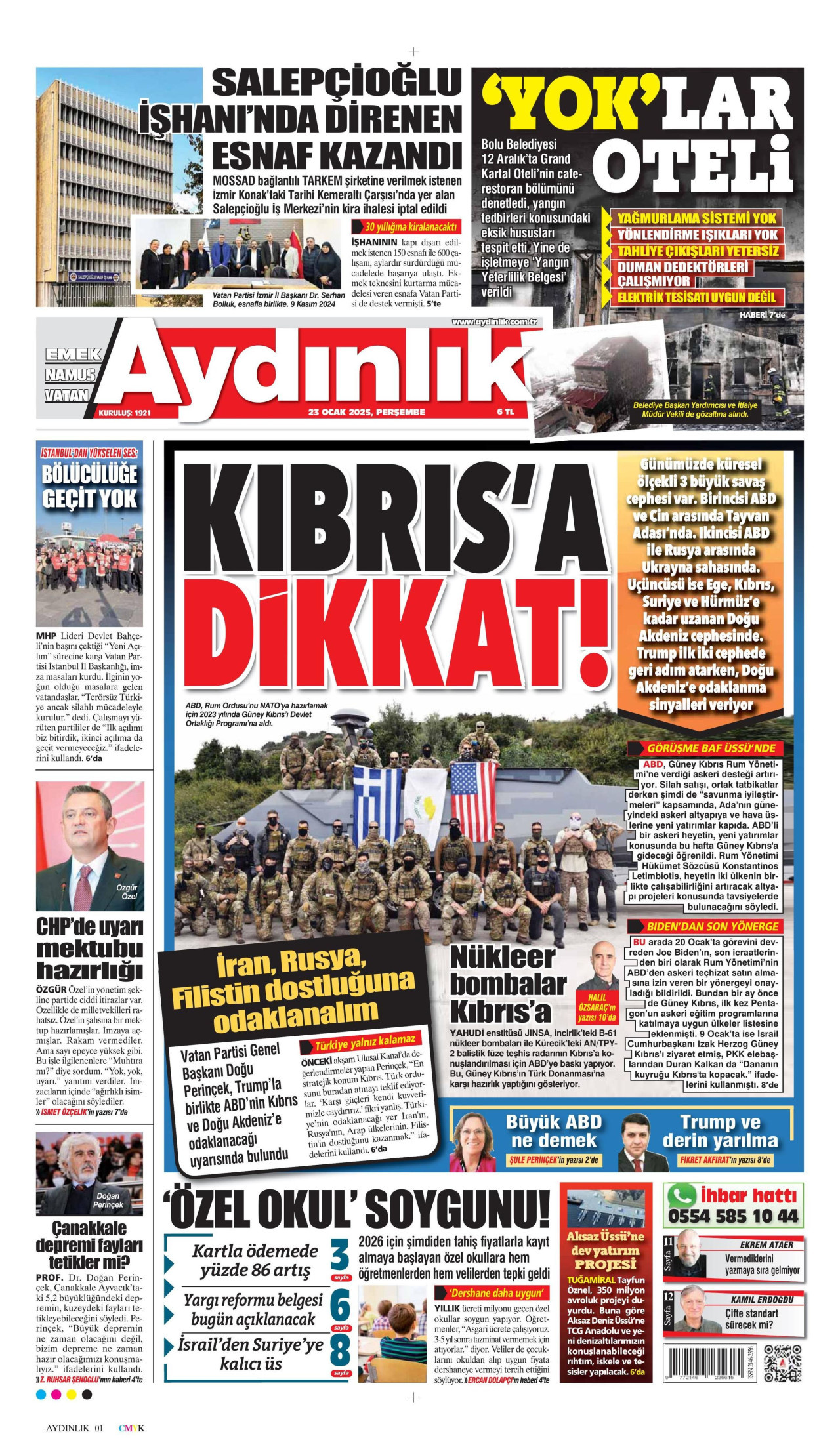 AYDINLIK GAZETESİ gazetesinin 23 Ocak 2025 tarihli birinci sayfası