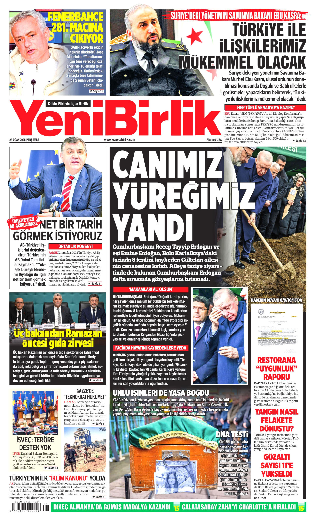YENİBİRLİK gazetesinin 23 Ocak 2025 tarihli birinci sayfası