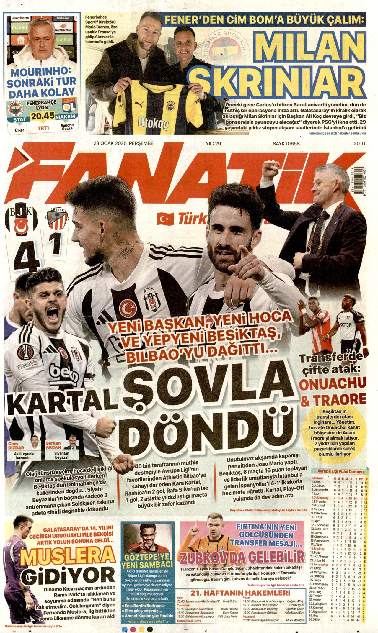 FANATİK gazetesinin 23 Ocak 2025 tarihli birinci sayfası