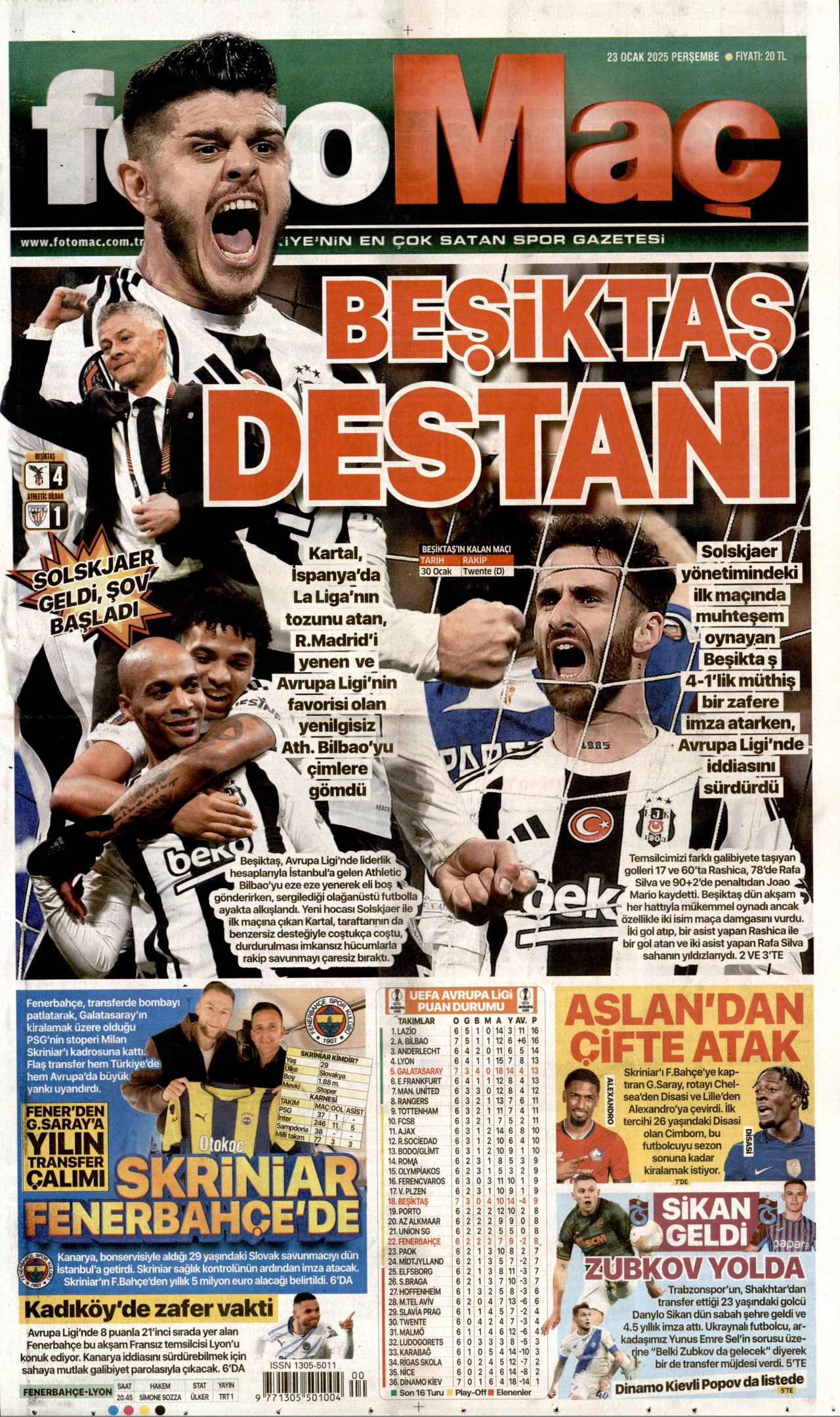 FOTOMAÇ gazetesinin 23 Ocak 2025 tarihli birinci sayfası