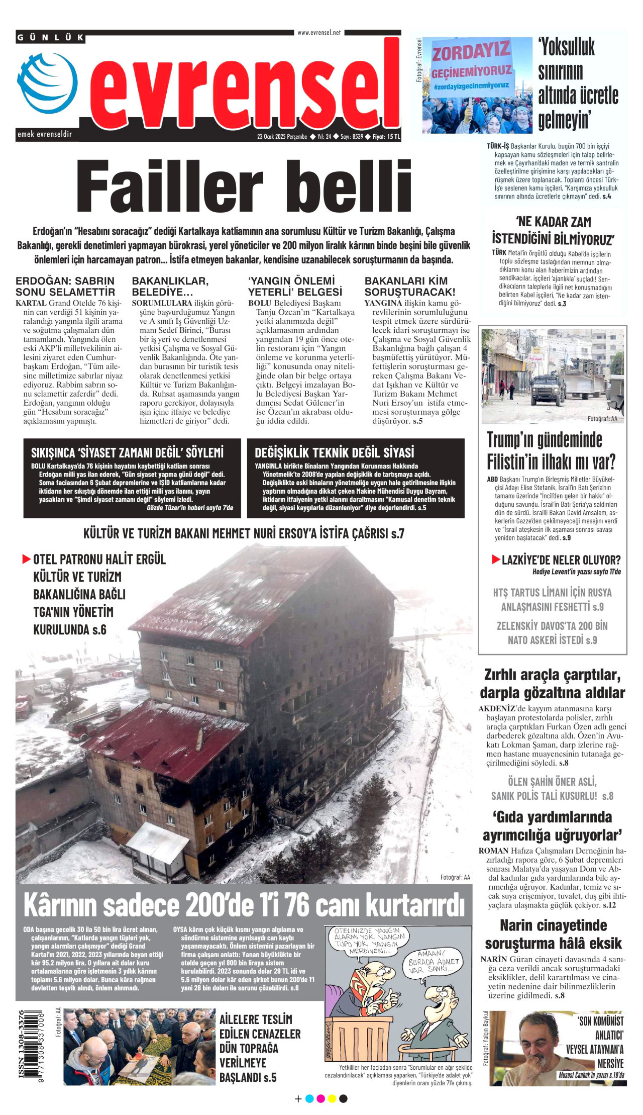 EVRENSEL gazetesinin 23 Ocak 2025 tarihli birinci sayfası