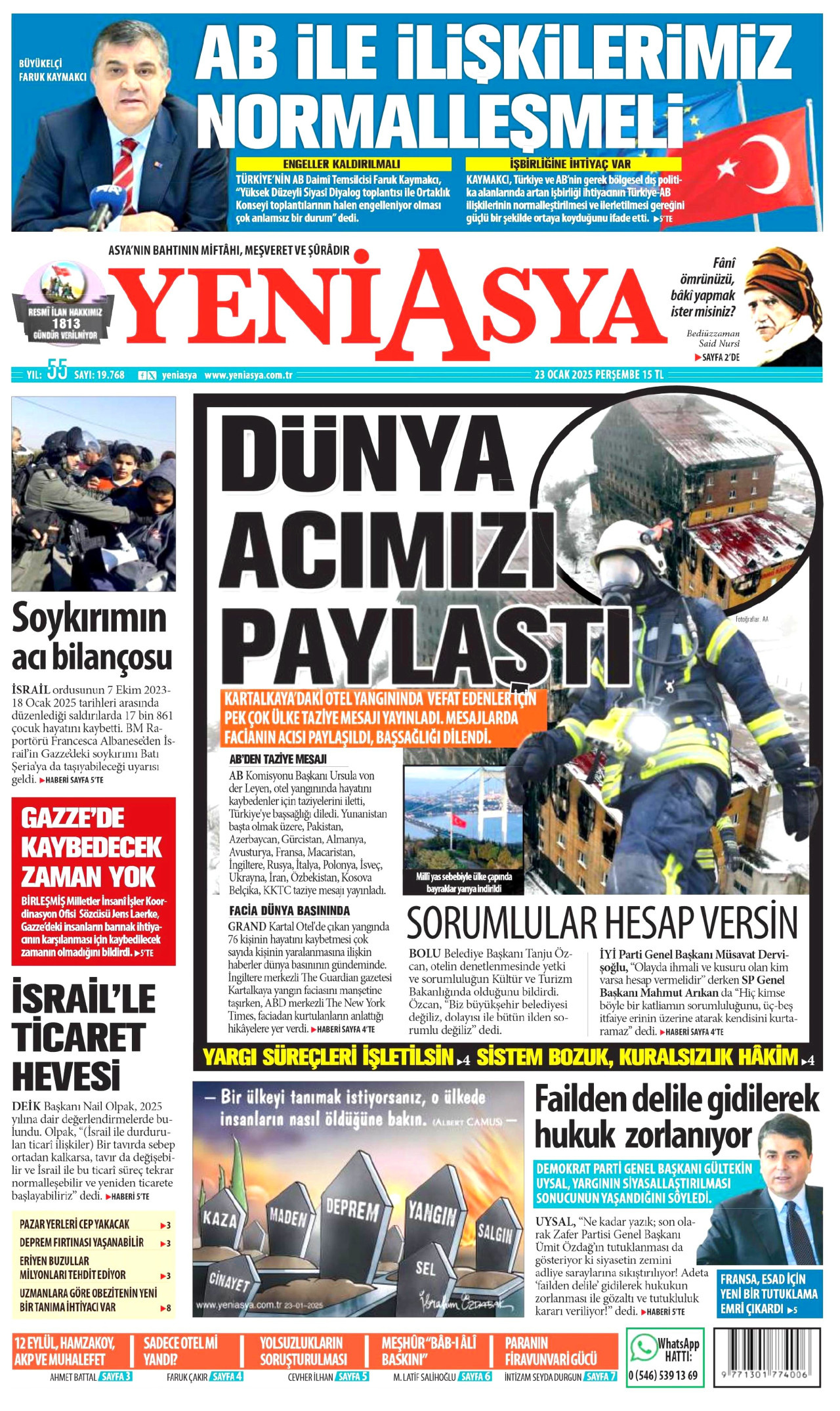 YENİ ASYA gazetesinin 23 Ocak 2025 tarihli birinci sayfası