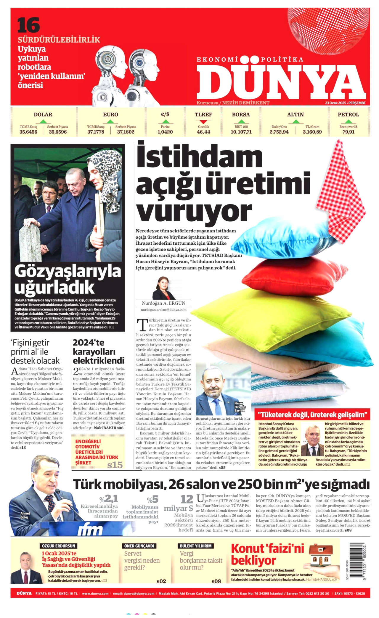 DÜNYA gazetesinin 23 Ocak 2025 tarihli birinci sayfası