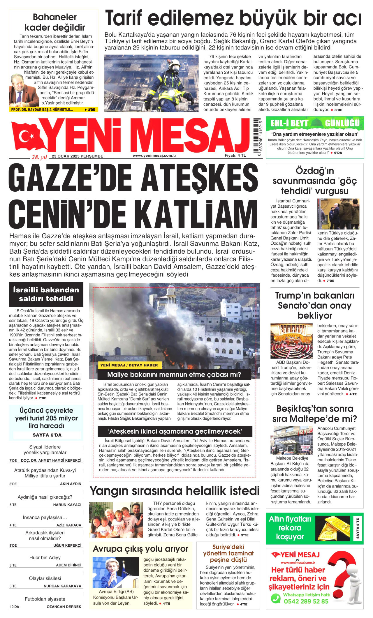 YENİ MESAJ gazetesinin 23 Ocak 2025 tarihli birinci sayfası