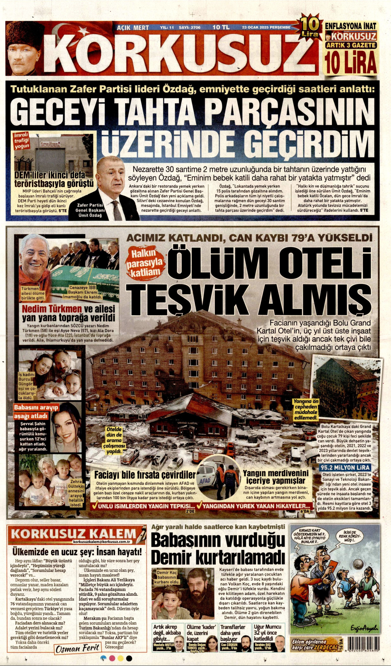 KORKUSUZ gazetesinin 23 Ocak 2025 tarihli birinci sayfası