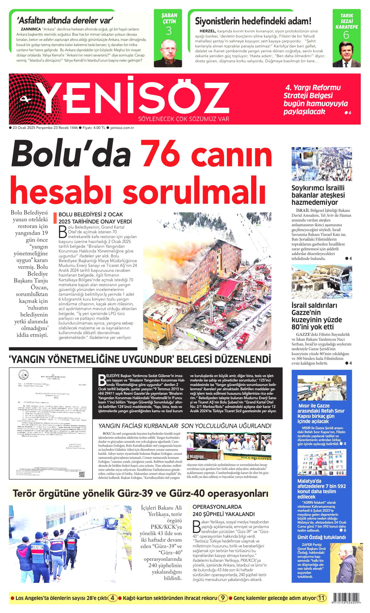 YENİ SÖZ GAZETESİ gazetesinin 23 Ocak 2025 tarihli birinci sayfası
