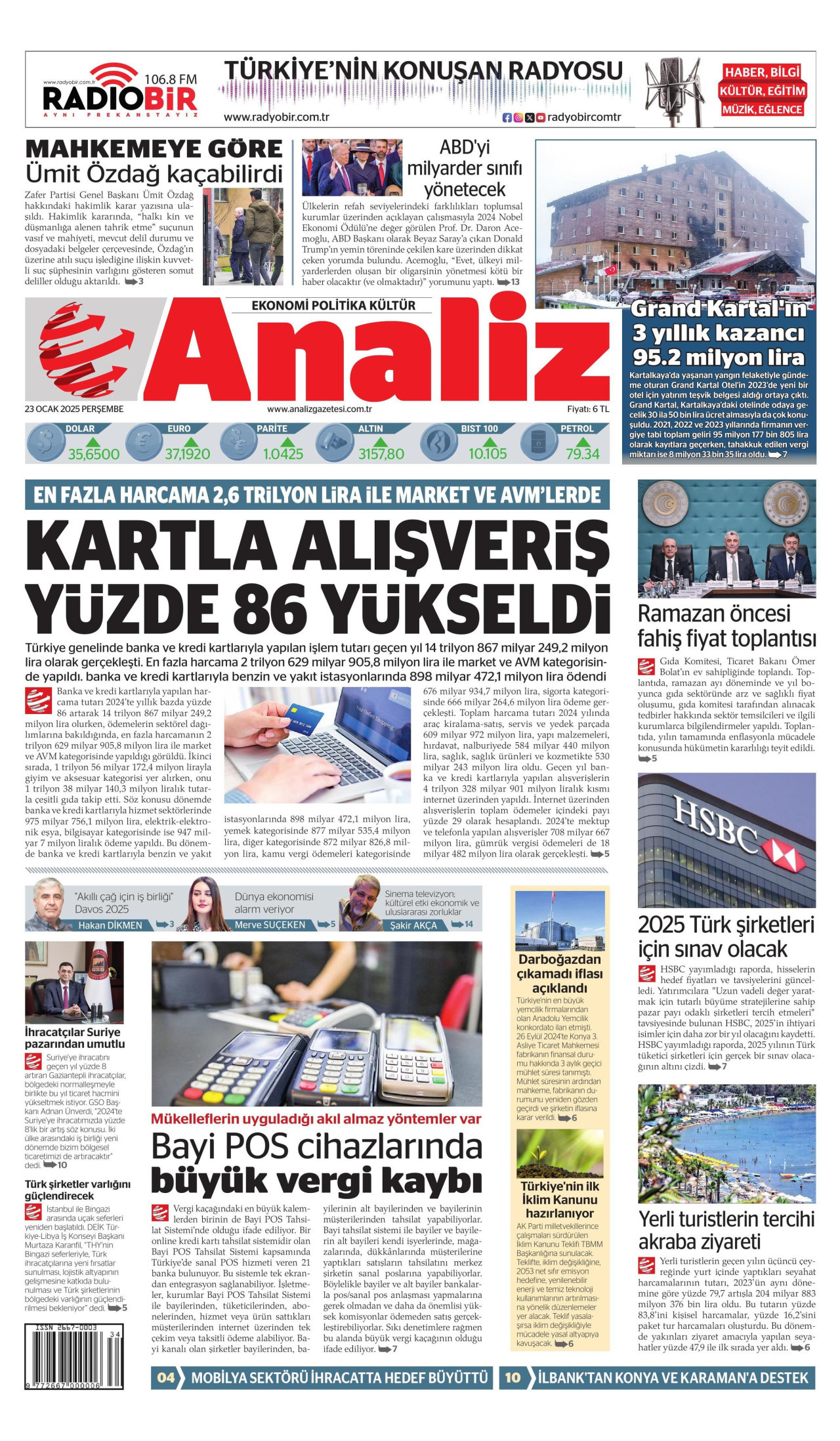 ANALİZ gazetesinin 23 Ocak 2025 tarihli birinci sayfası