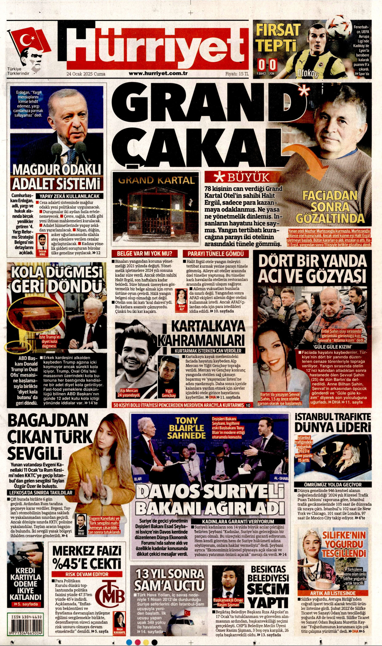 HÜRRİYET gazetesinin 24 Ocak 2025 tarihli birinci sayfası