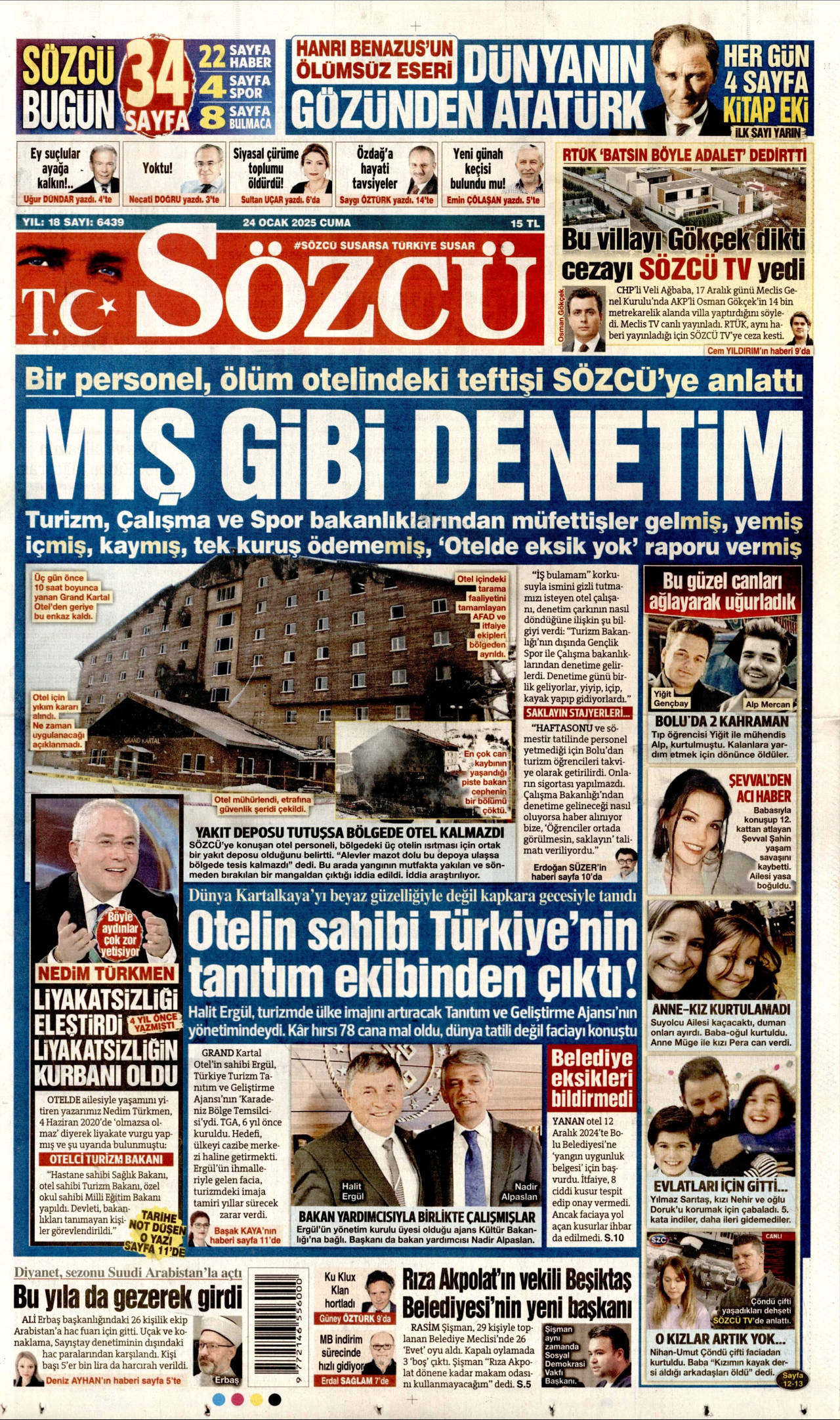 SÖZCÜ gazetesinin 24 Ocak 2025 tarihli birinci sayfası