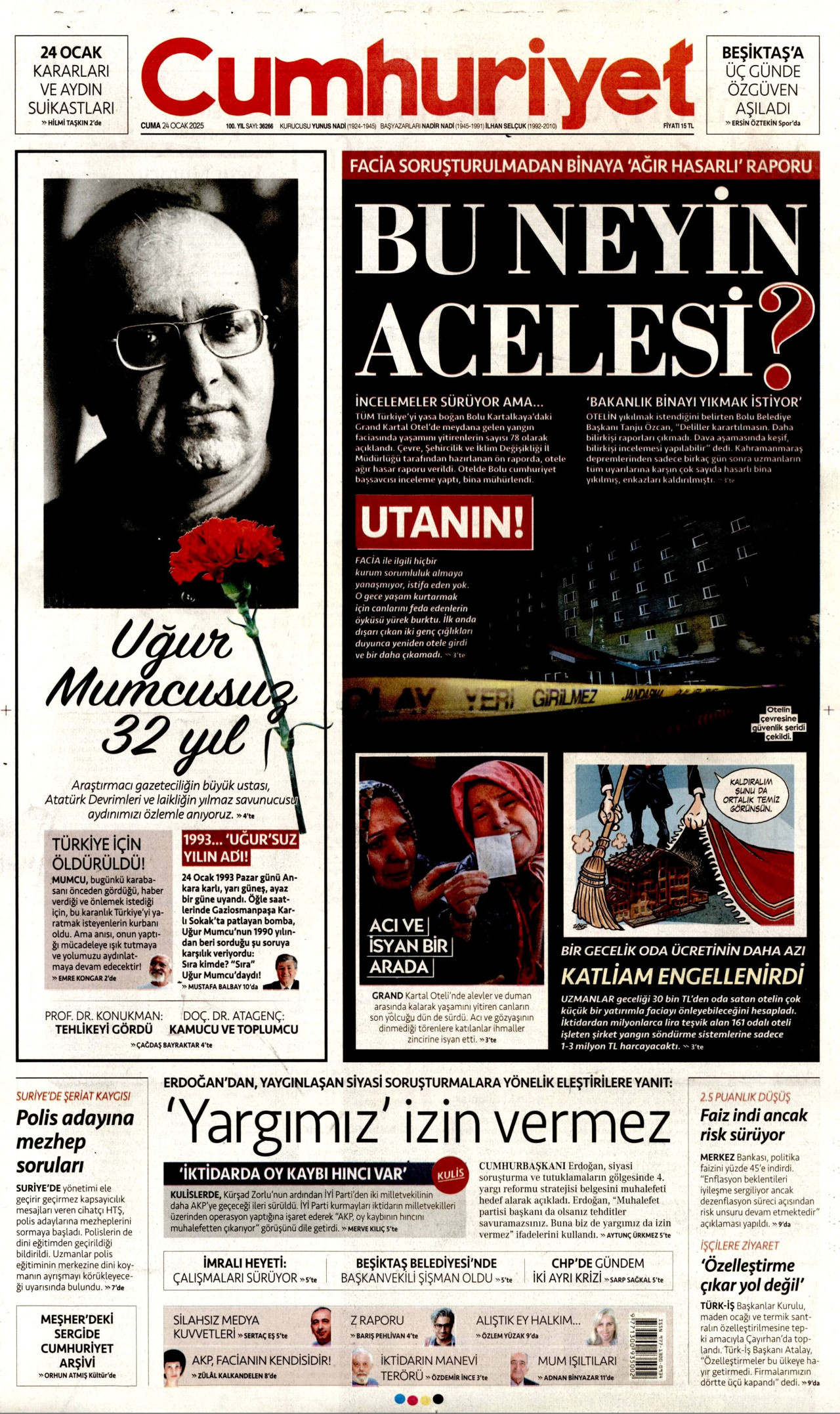 CUMHURİYET gazetesinin 24 Ocak 2025 tarihli birinci sayfası