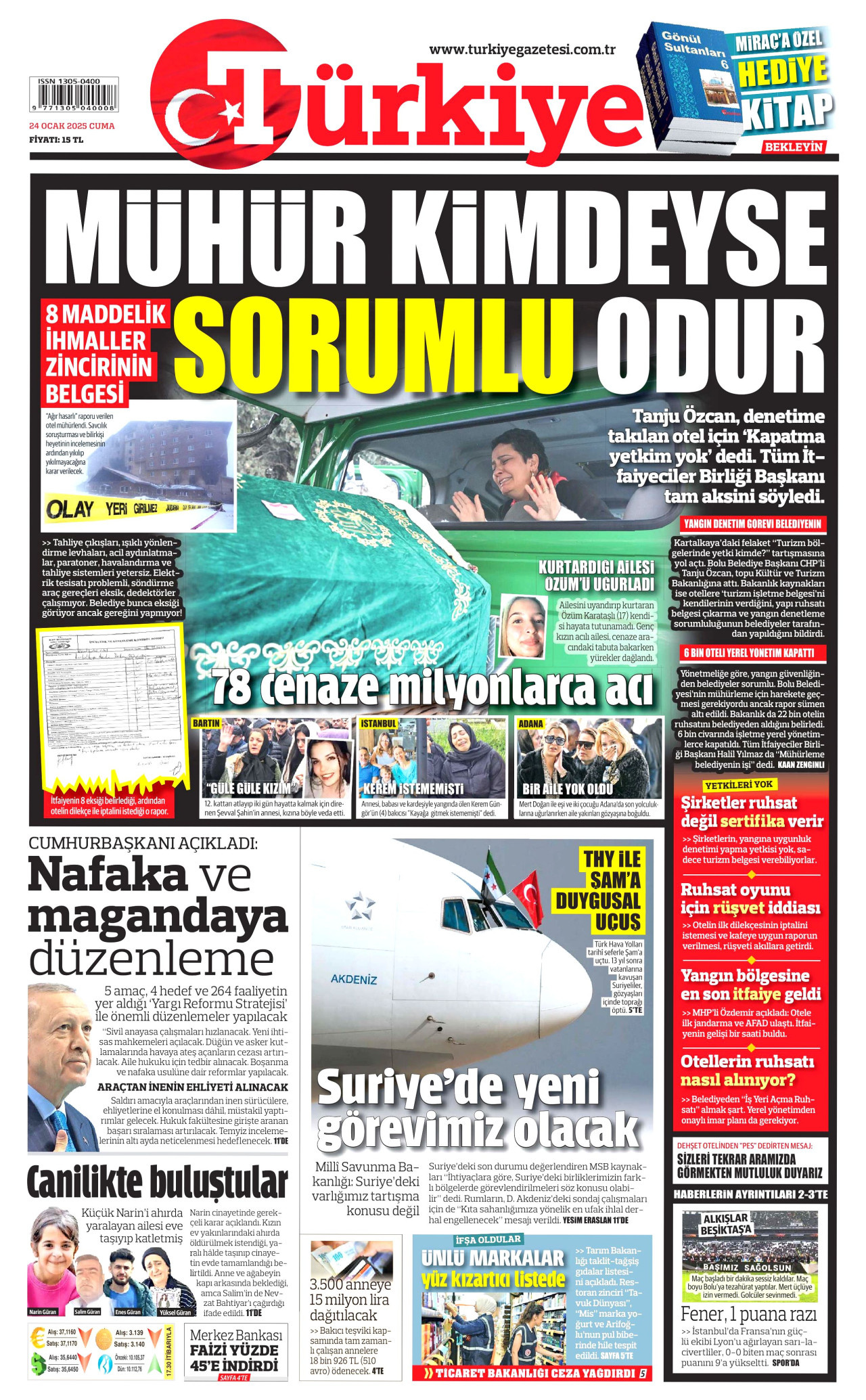 TÜRKİYE GAZETESİ gazetesinin 24 Ocak 2025 tarihli birinci sayfası