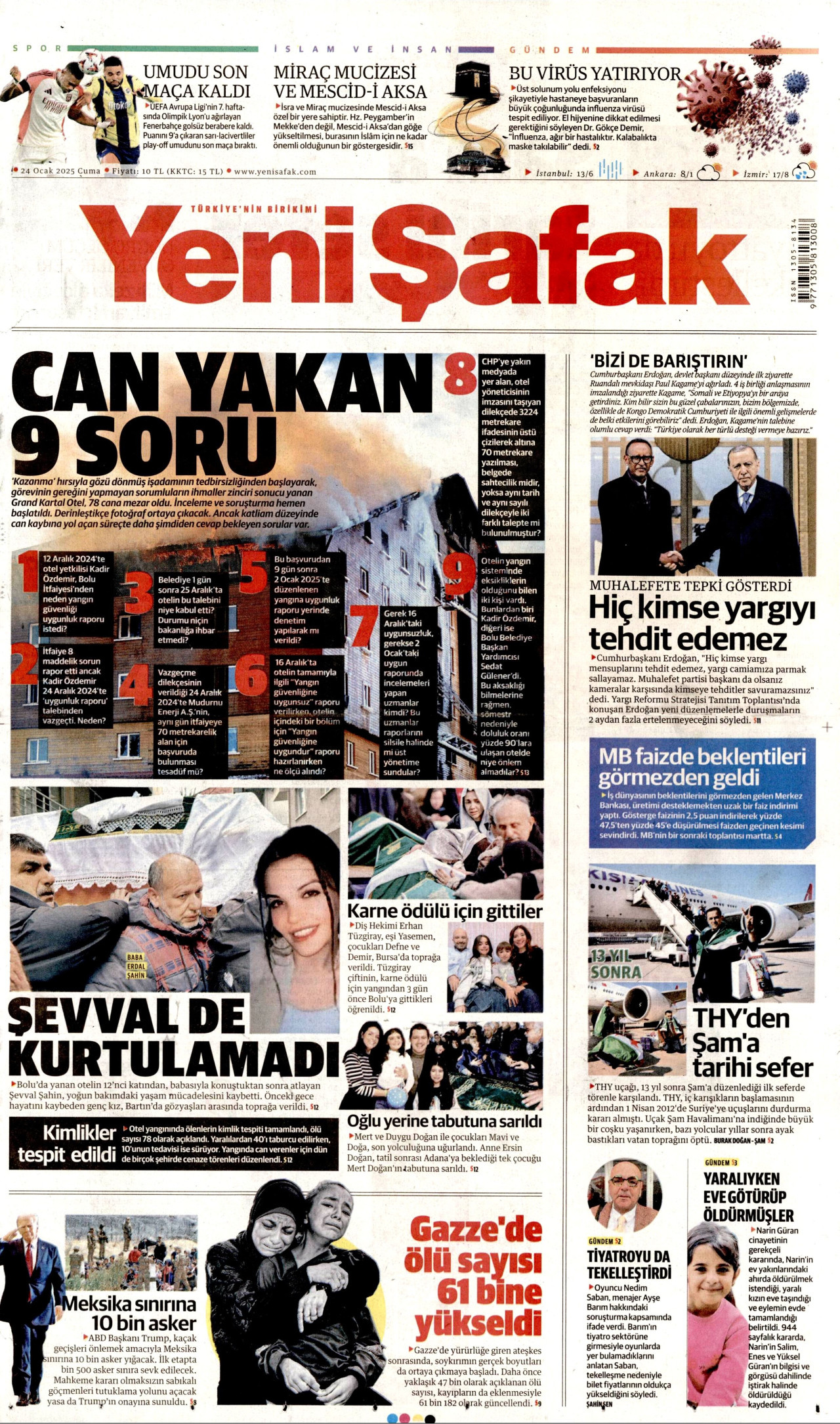 YENİ ŞAFAK gazetesinin 24 Ocak 2025 tarihli birinci sayfası