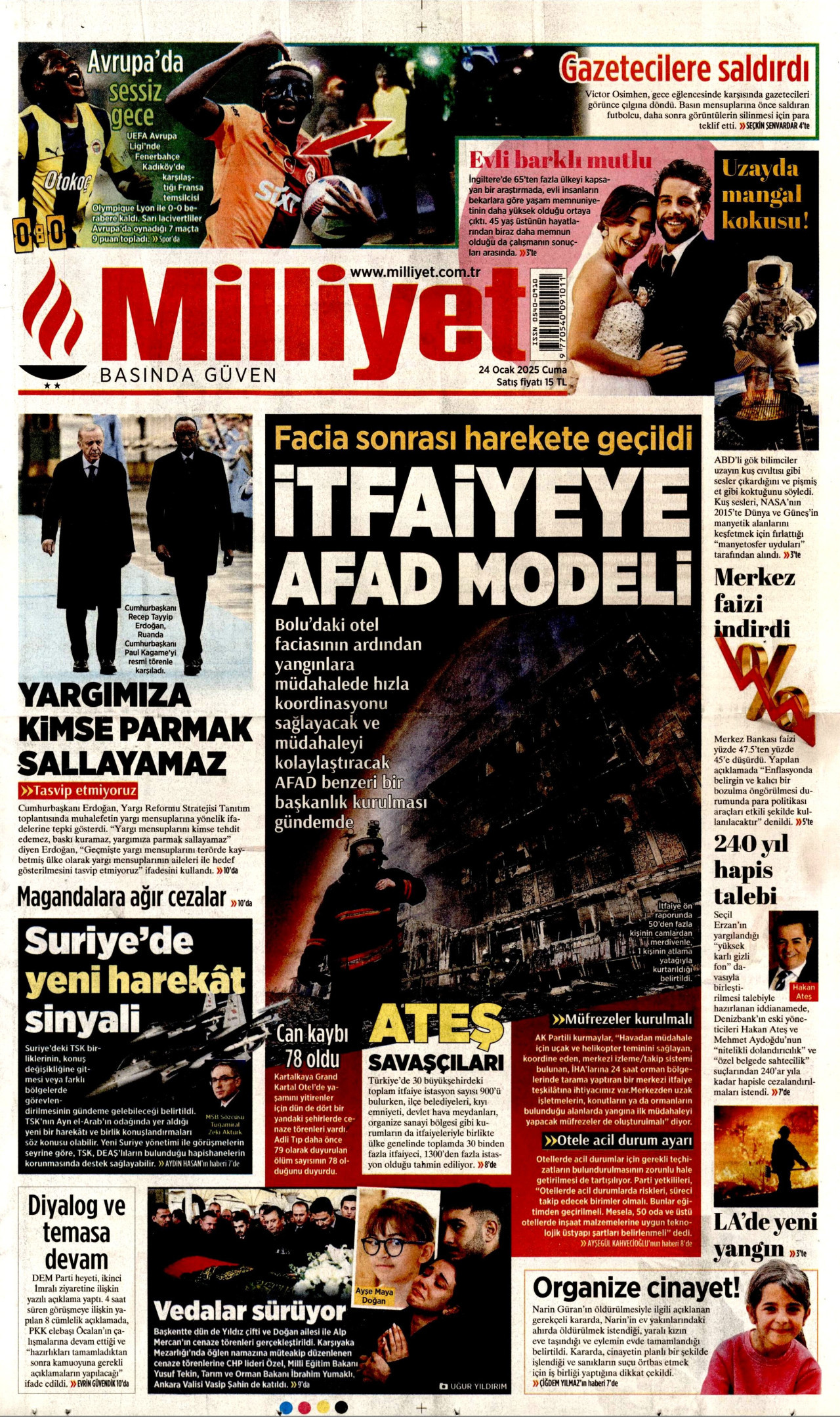 MİLLİYET gazetesinin 24 Ocak 2025 tarihli birinci sayfası