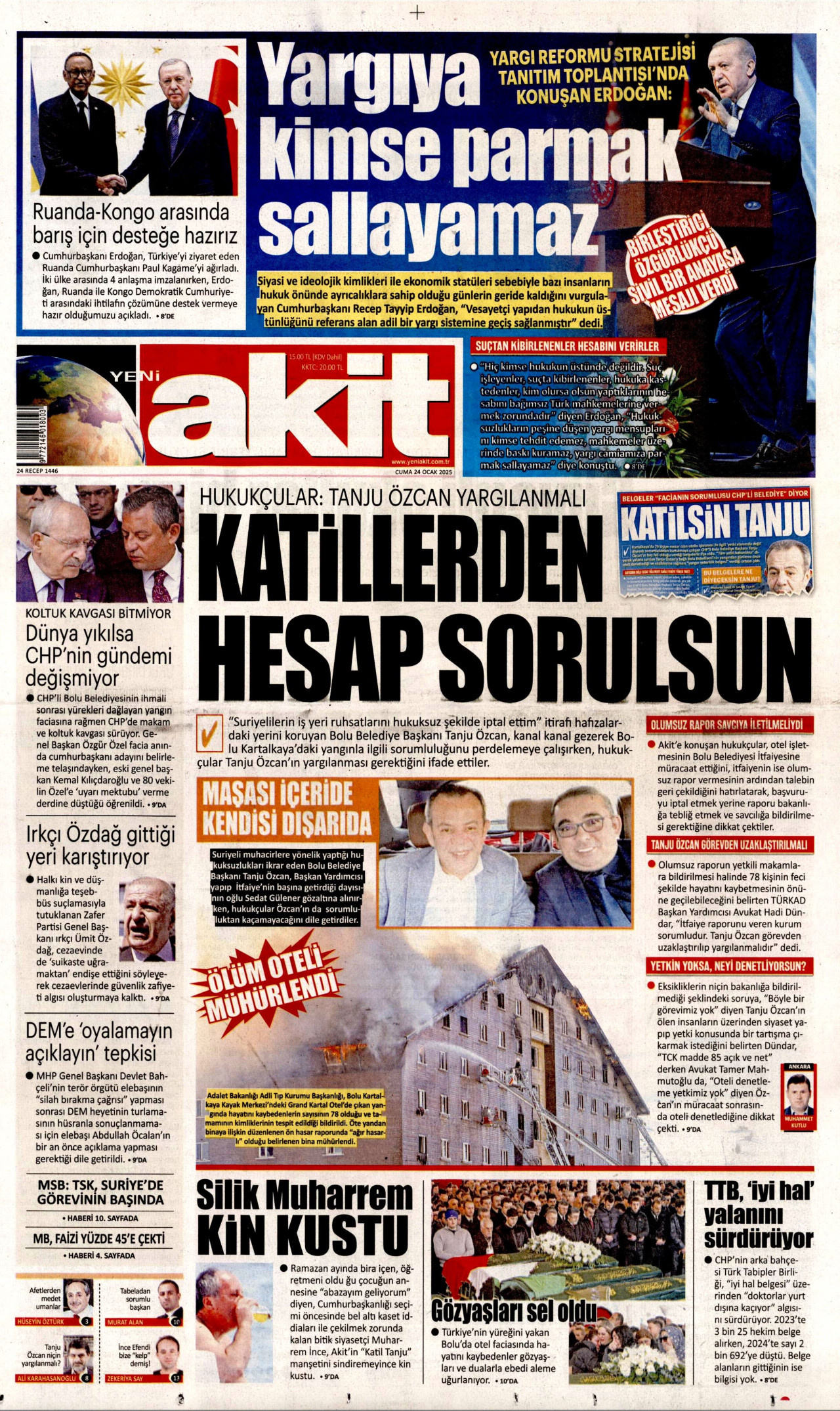 YENİ AKİT gazetesinin 24 Ocak 2025 tarihli birinci sayfası