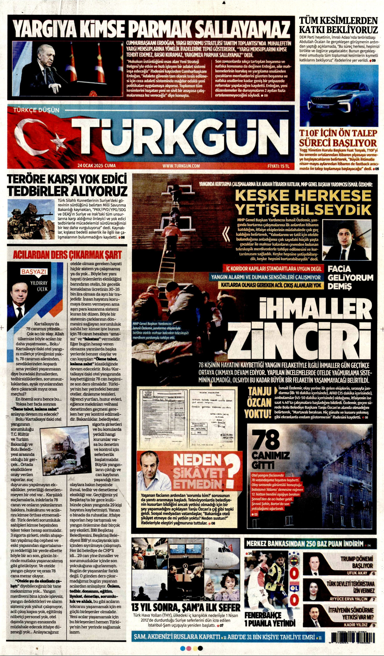 TÜRKGÜN gazetesinin 24 Ocak 2025 tarihli birinci sayfası