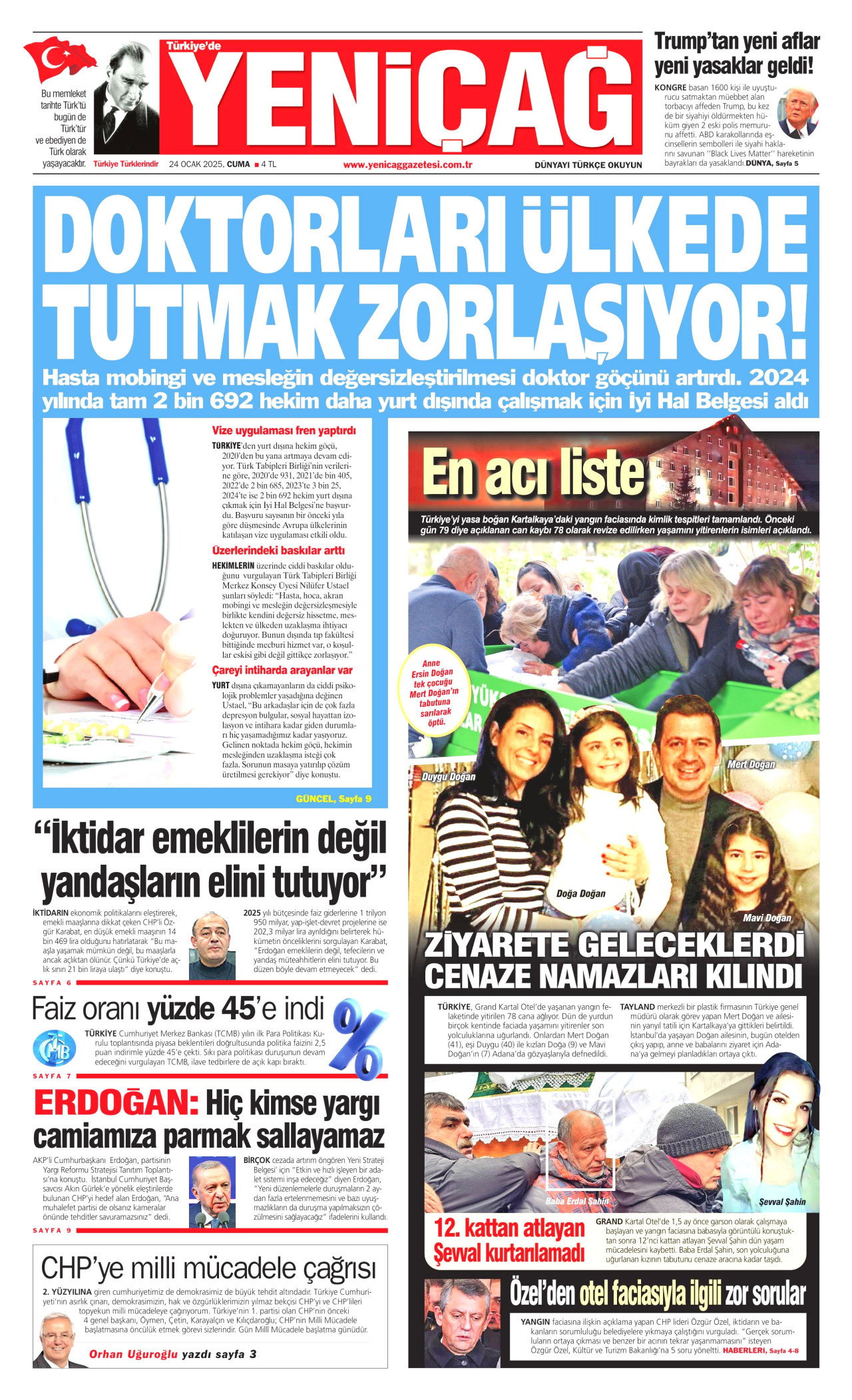 YENİÇAĞ gazetesinin 24 Ocak 2025 tarihli birinci sayfası