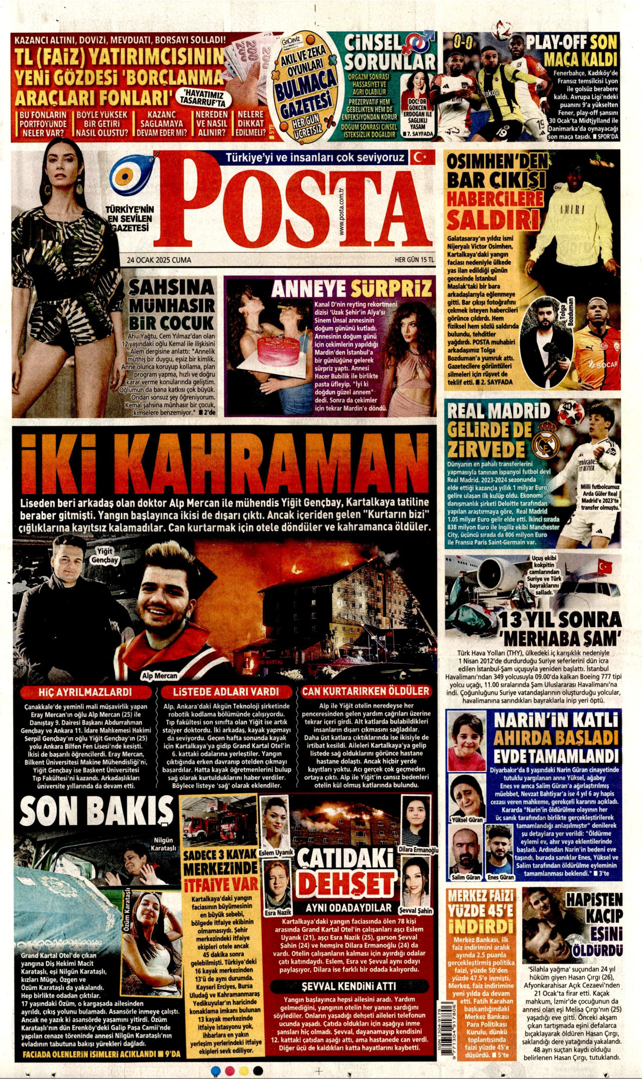 POSTA gazetesinin 24 Ocak 2025 tarihli birinci sayfası