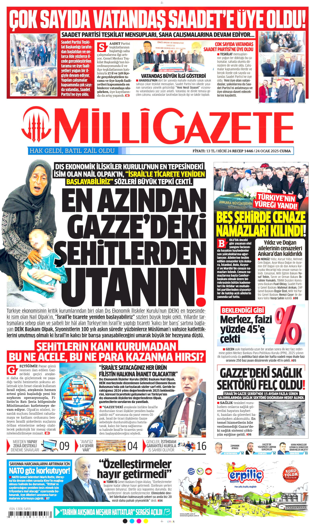 MİLLİ GAZETE gazetesinin 24 Ocak 2025 tarihli birinci sayfası