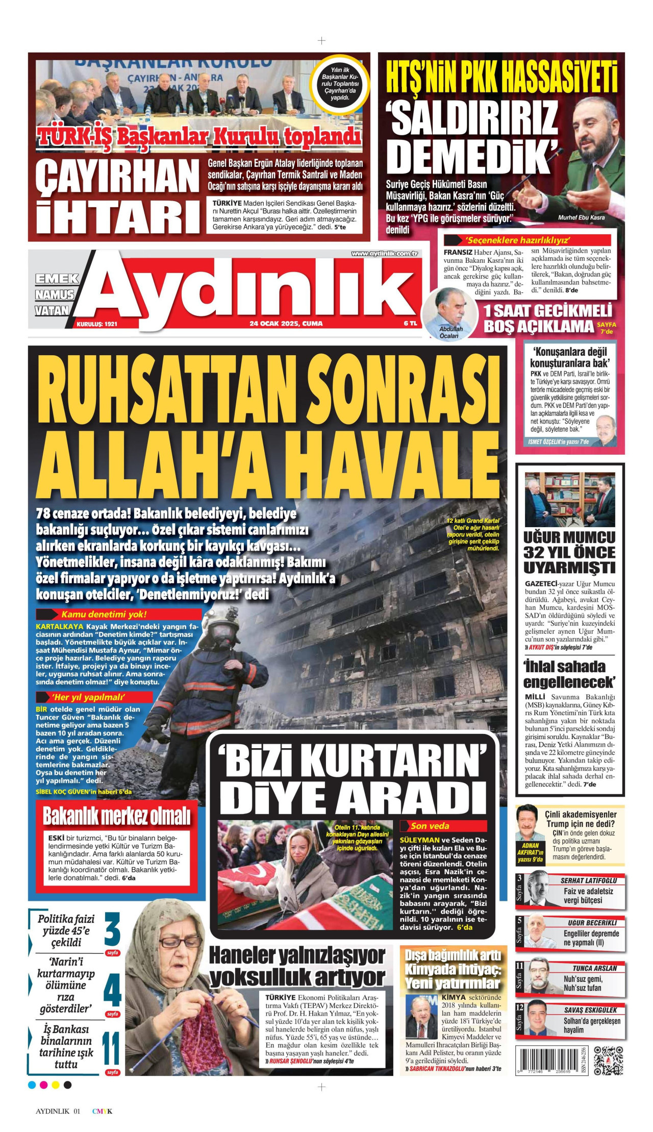 AYDINLIK GAZETESİ gazetesinin 24 Ocak 2025 tarihli birinci sayfası