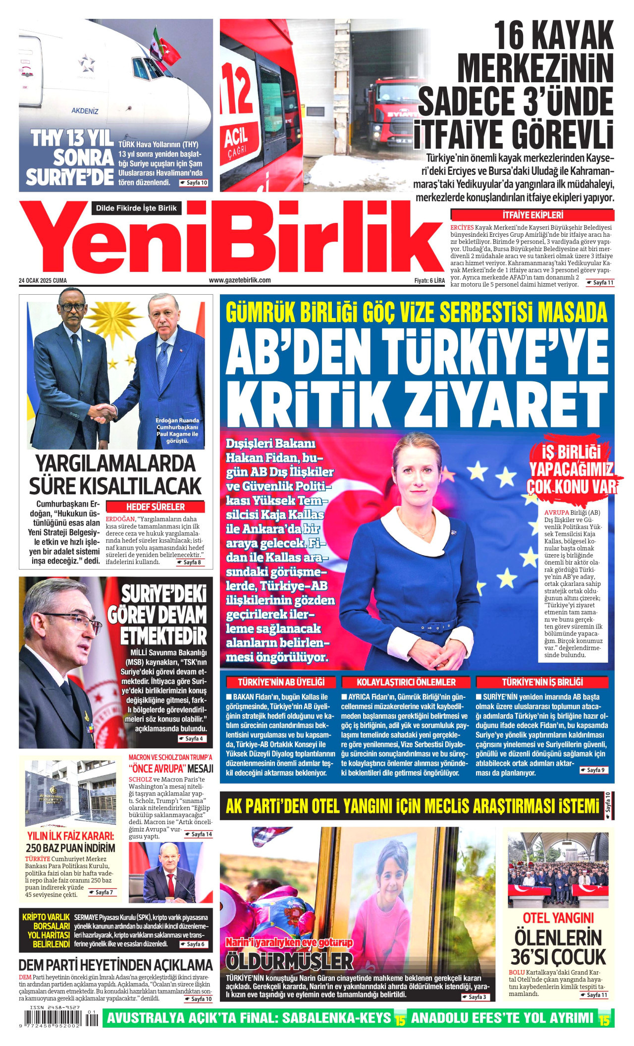 YENİBİRLİK gazetesinin 24 Ocak 2025 tarihli birinci sayfası
