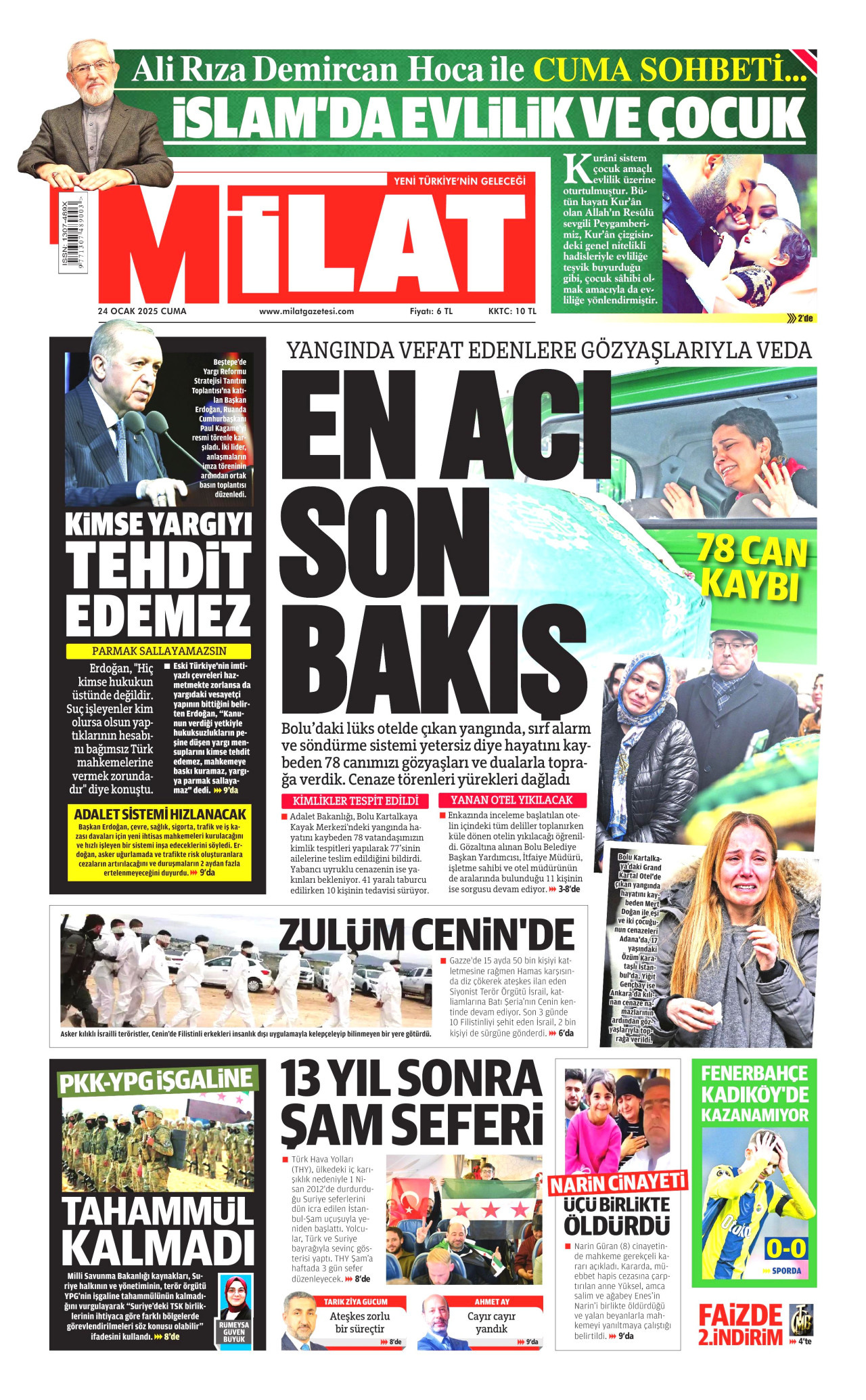 MİLAT gazetesinin 24 Ocak 2025 tarihli birinci sayfası