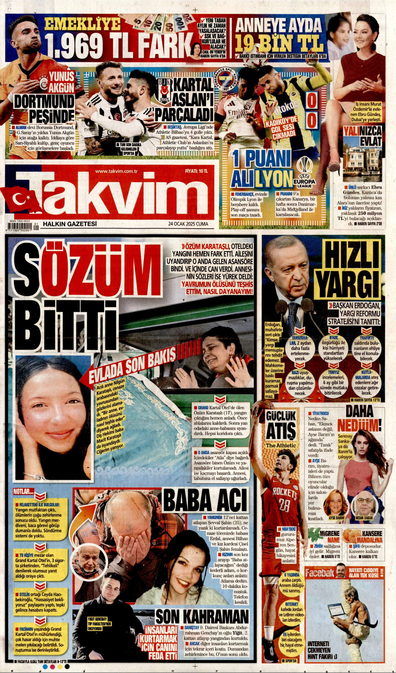 TAKVİM gazetesinin 24 Ocak 2025 tarihli birinci sayfası