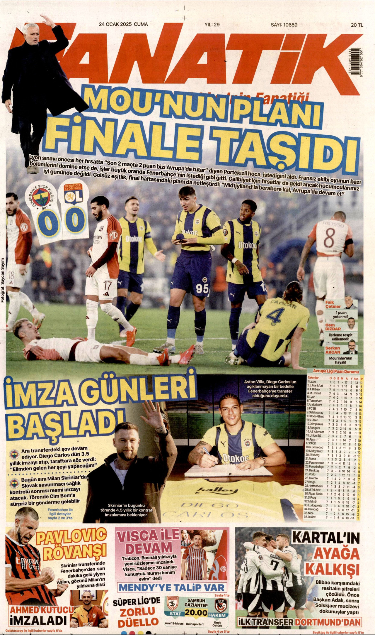 FANATİK gazetesinin 24 Ocak 2025 tarihli birinci sayfası