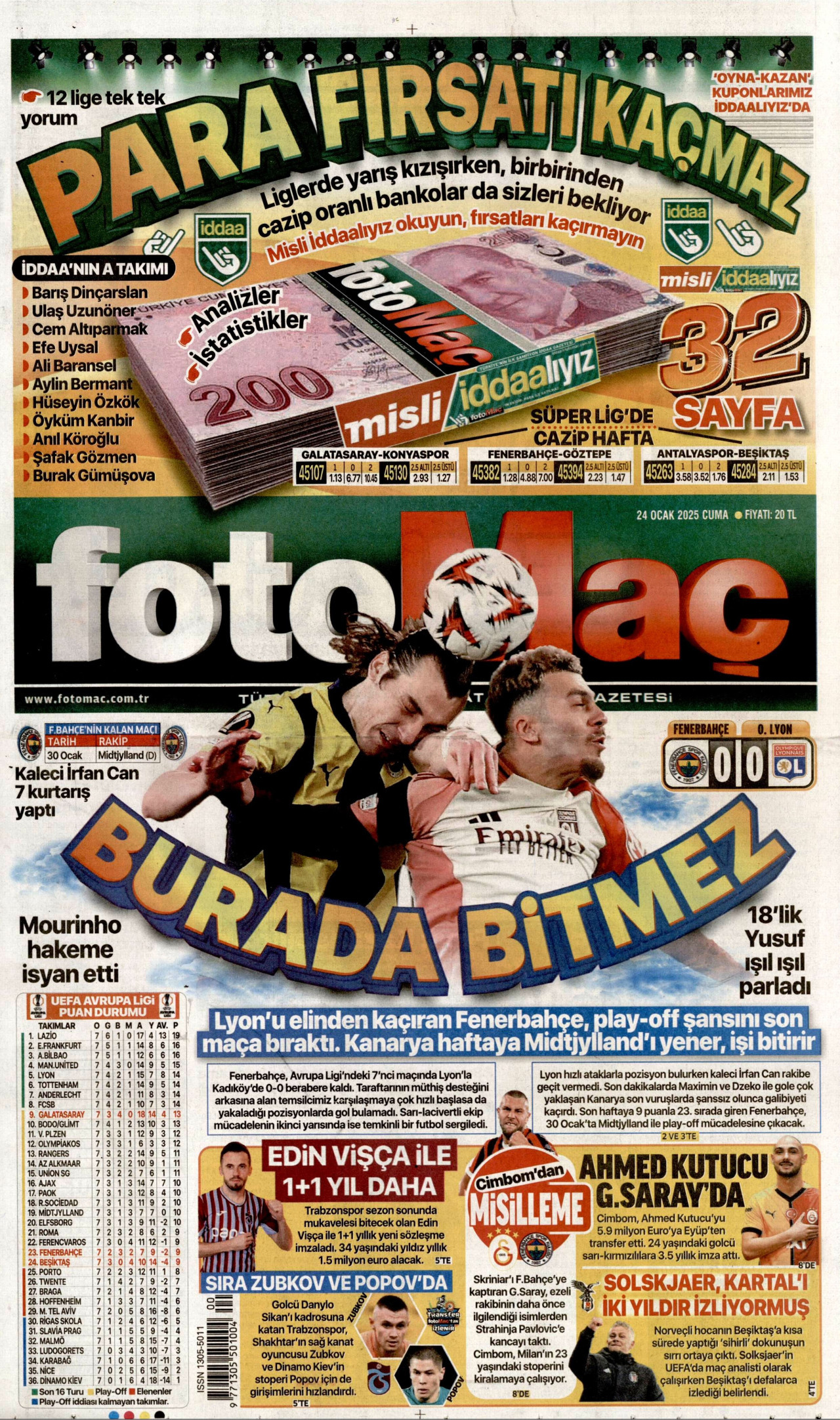 FOTOMAÇ gazetesinin 24 Ocak 2025 tarihli birinci sayfası