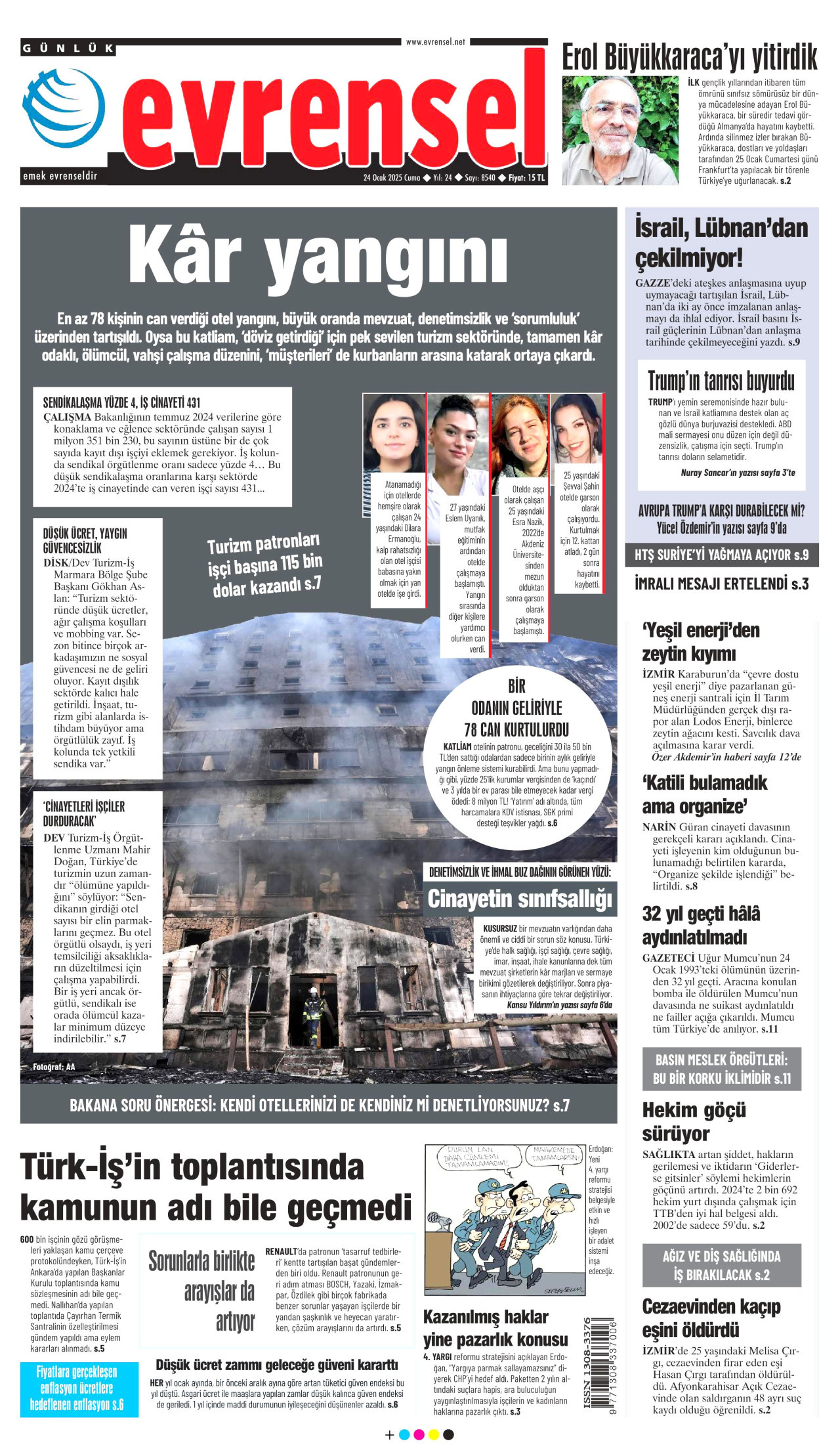 EVRENSEL gazetesinin 24 Ocak 2025 tarihli birinci sayfası
