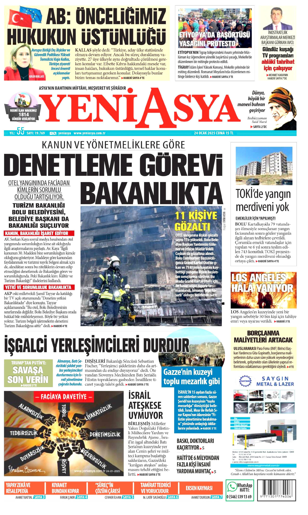 YENİ ASYA gazetesinin 24 Ocak 2025 tarihli birinci sayfası