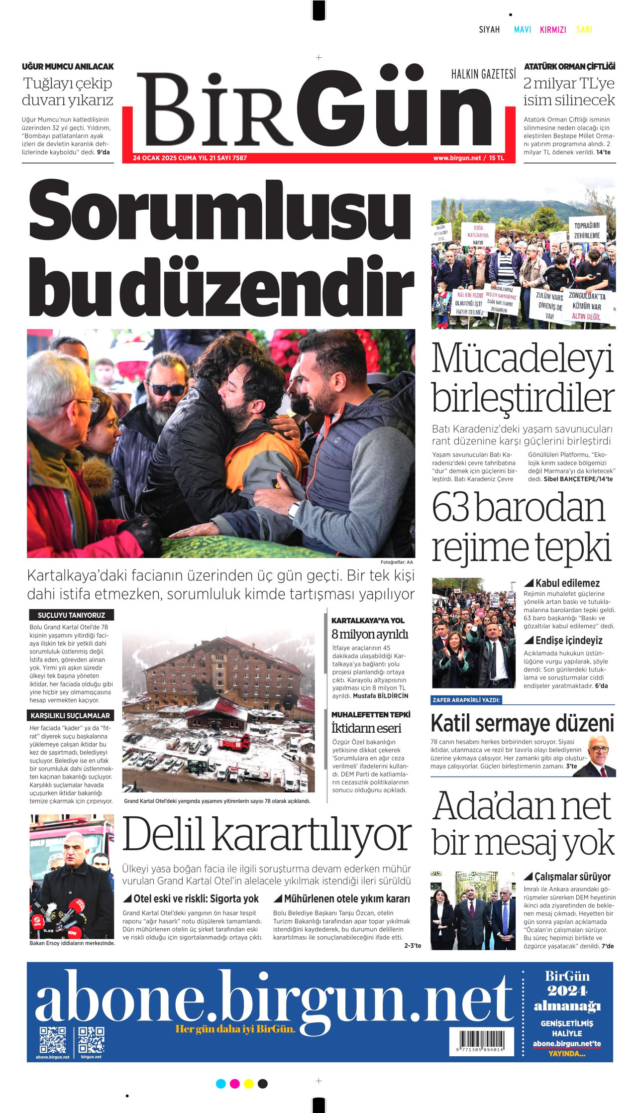 BİRGÜN gazetesinin 24 Ocak 2025 tarihli birinci sayfası